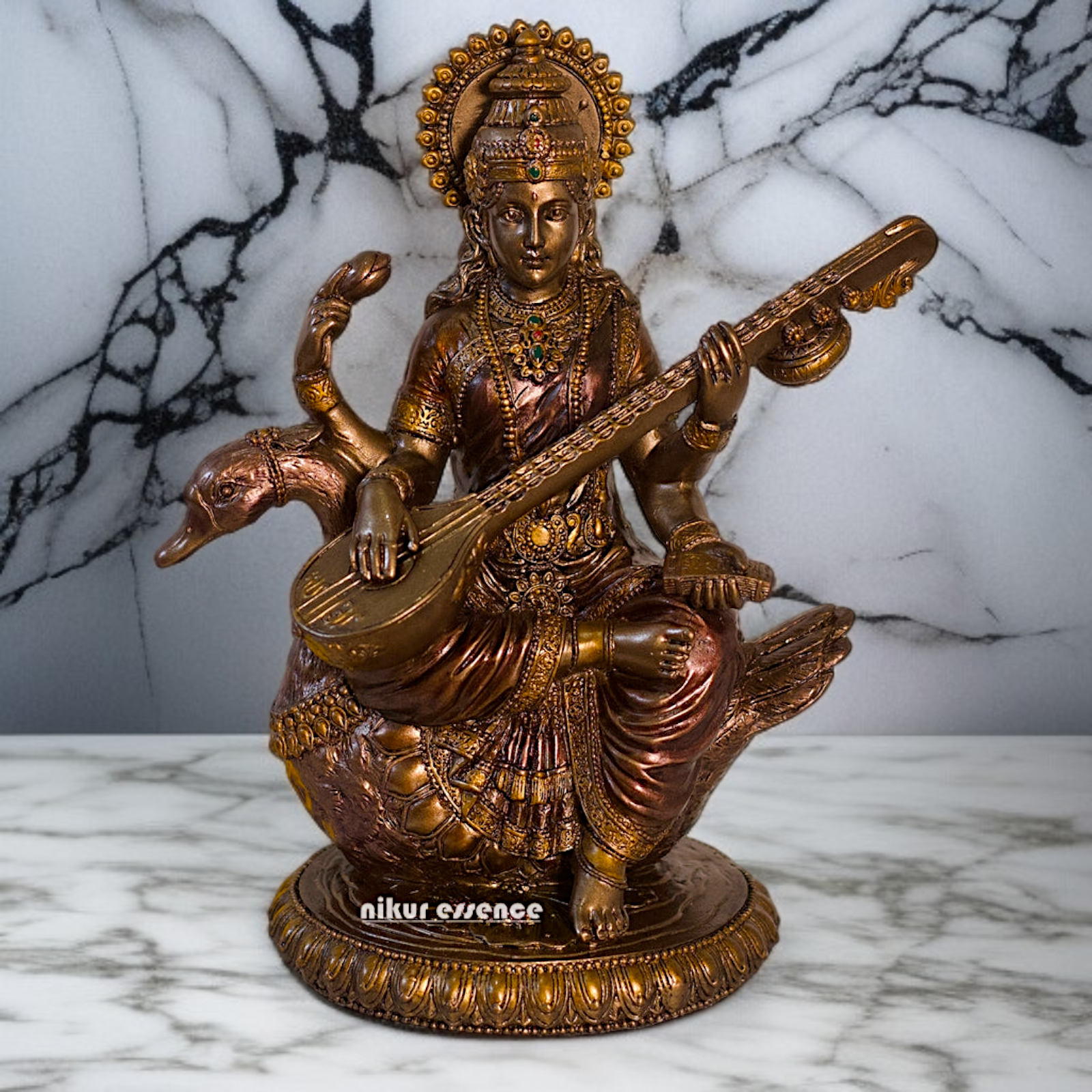 Large Saraswati seated on swan with Playing Veena Bronze Idol - 8.26 Inches Nikuressence