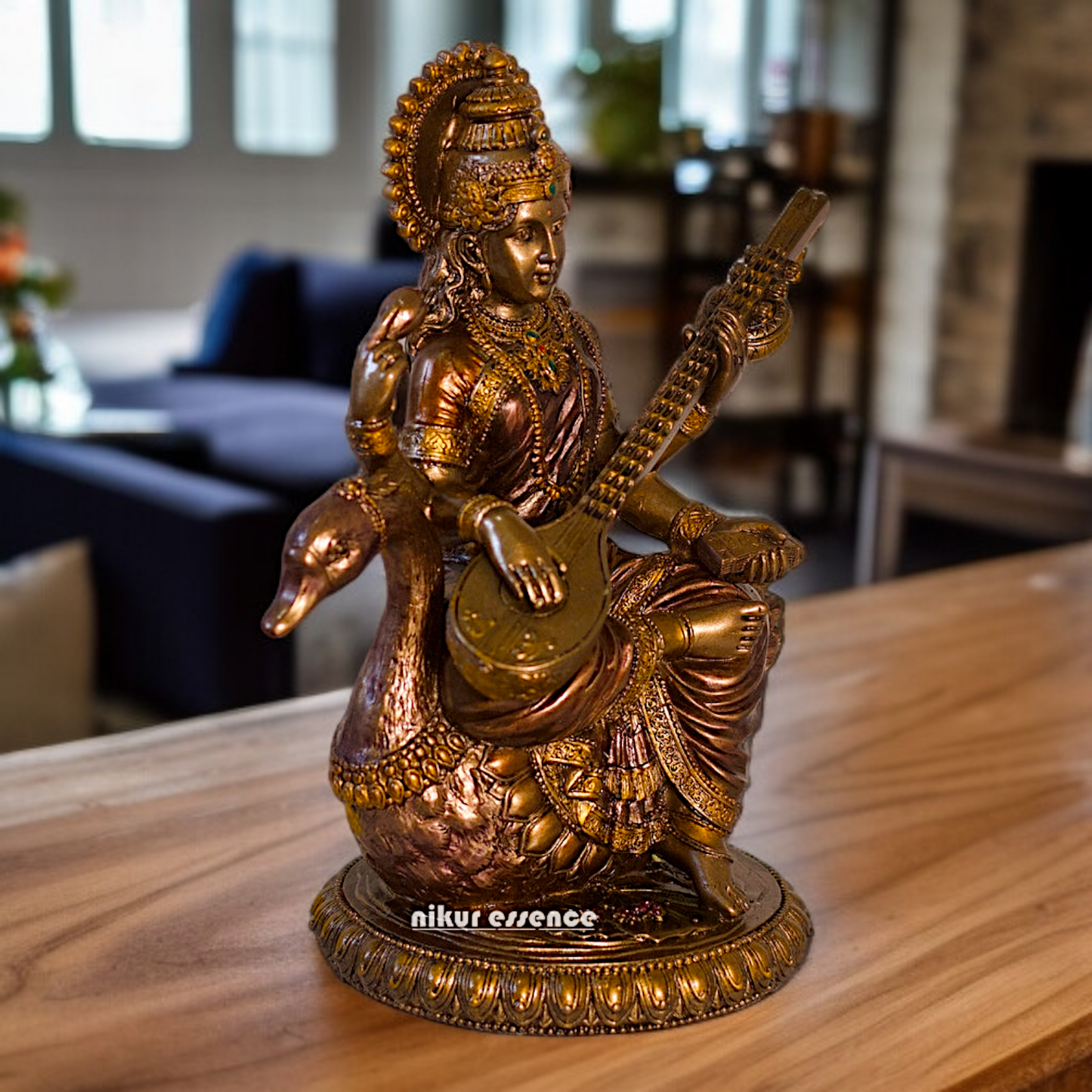 Large Saraswati seated on swan with Playing Veena Bronze Idol - 8.26 Inches Nikuressence