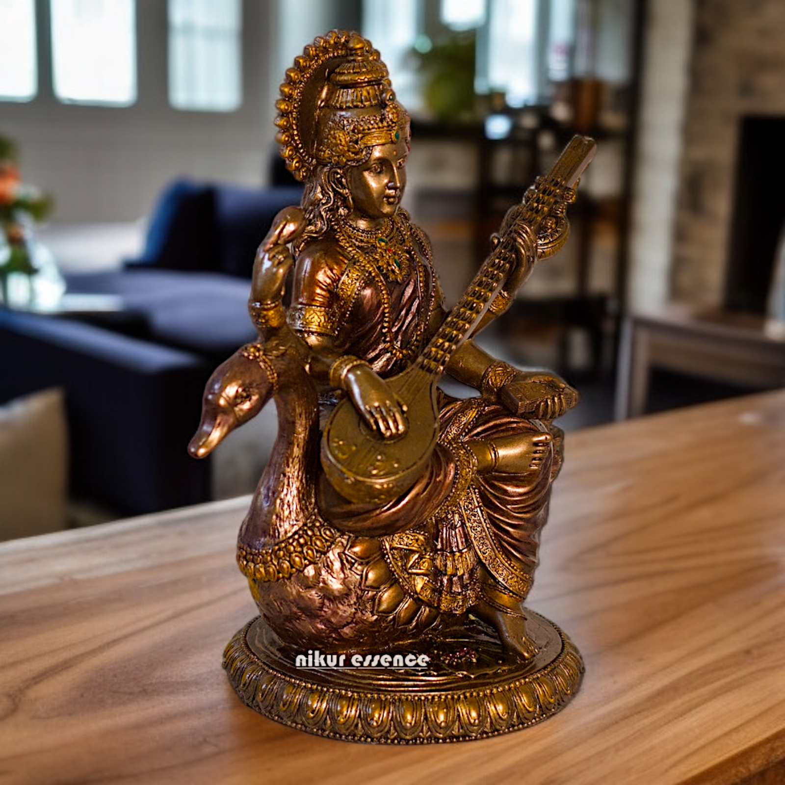 Large Saraswati seated on swan with Playing Veena Bronze Idol - 8.26 Inches Nikuressence