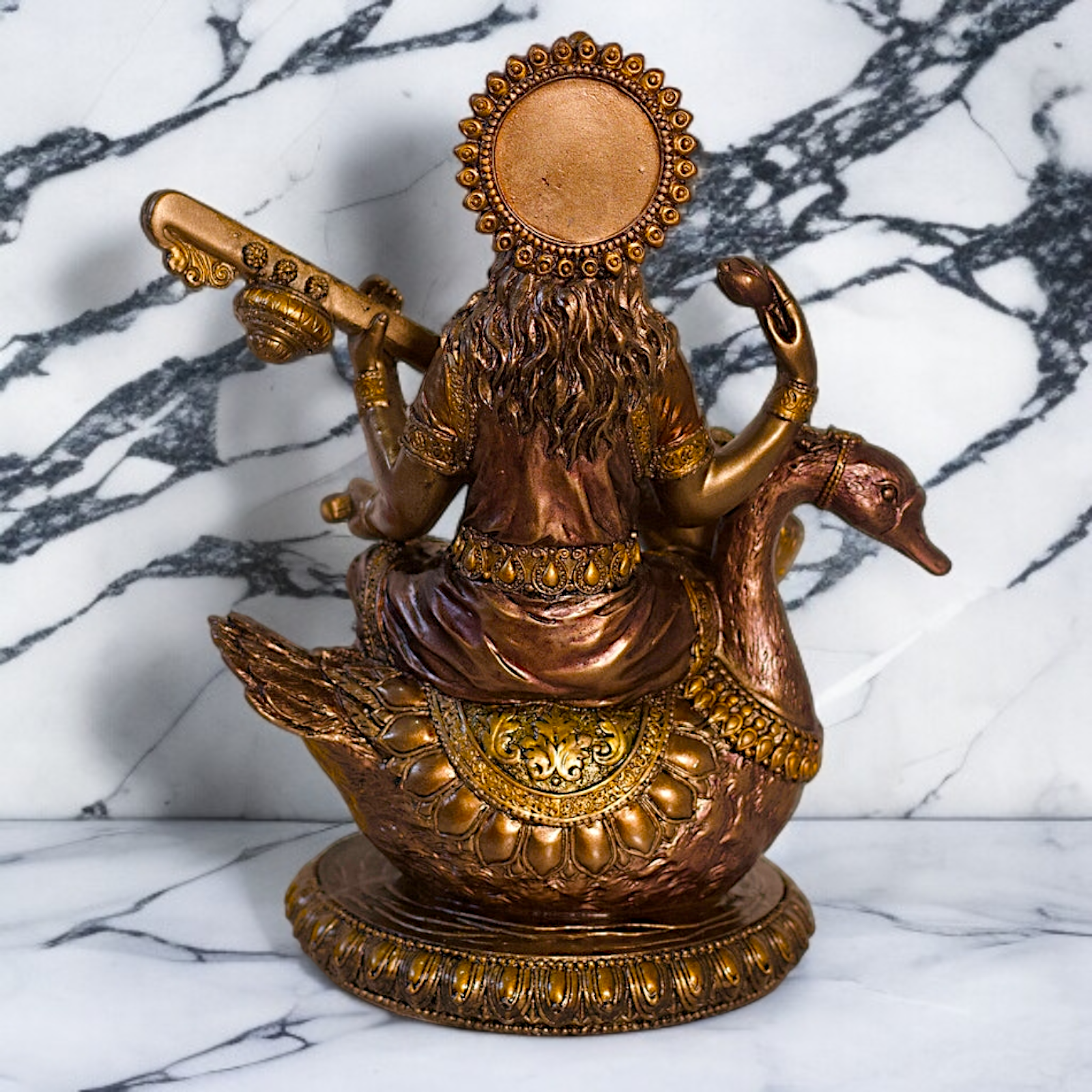 Large Saraswati seated on swan with Playing Veena Bronze Idol - 8.26 Inches Nikuressence
