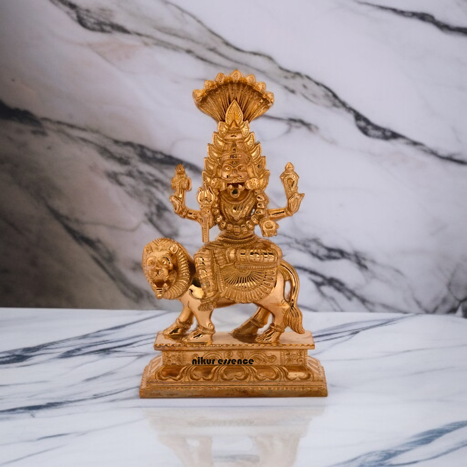 Pratyangira Devi Blessing with Four Armed Sitting on lion Panchaloha Idol - 7 inches Nikuressence
