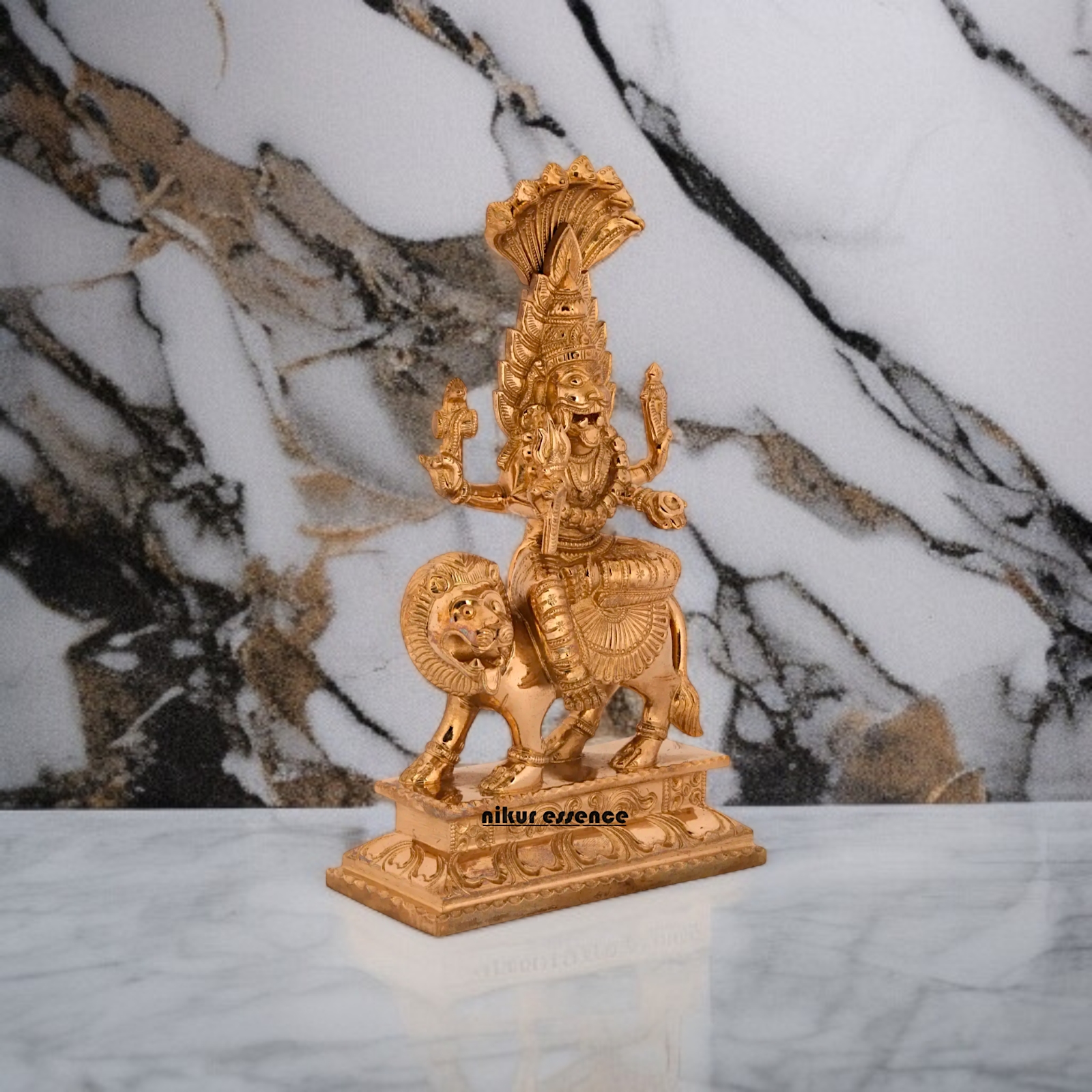 Pratyangira Devi Blessing with Four Armed Sitting on lion Panchaloha Idol - 7 inches Nikuressence