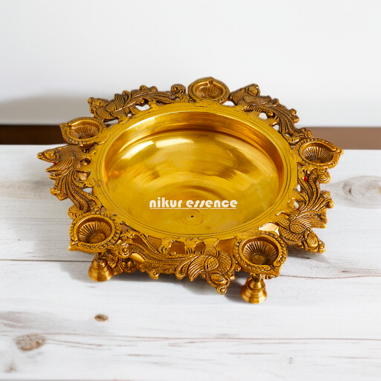 Urli with Diya and Bells Brass - 14 inches Nikuressence