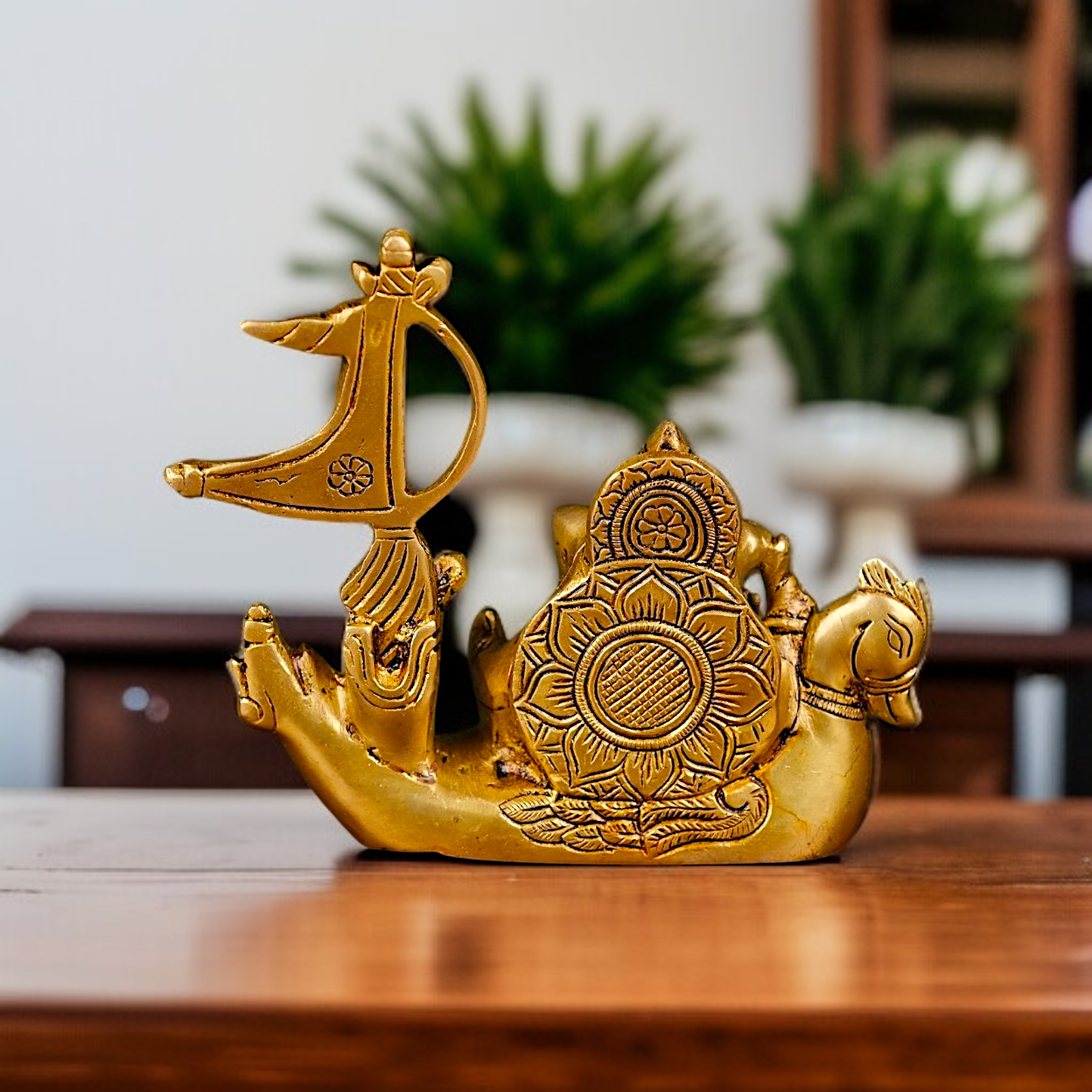 Solid Brass Ganesha Vinayaka Sitting on boat idol - 5.5 inches Nikuressence