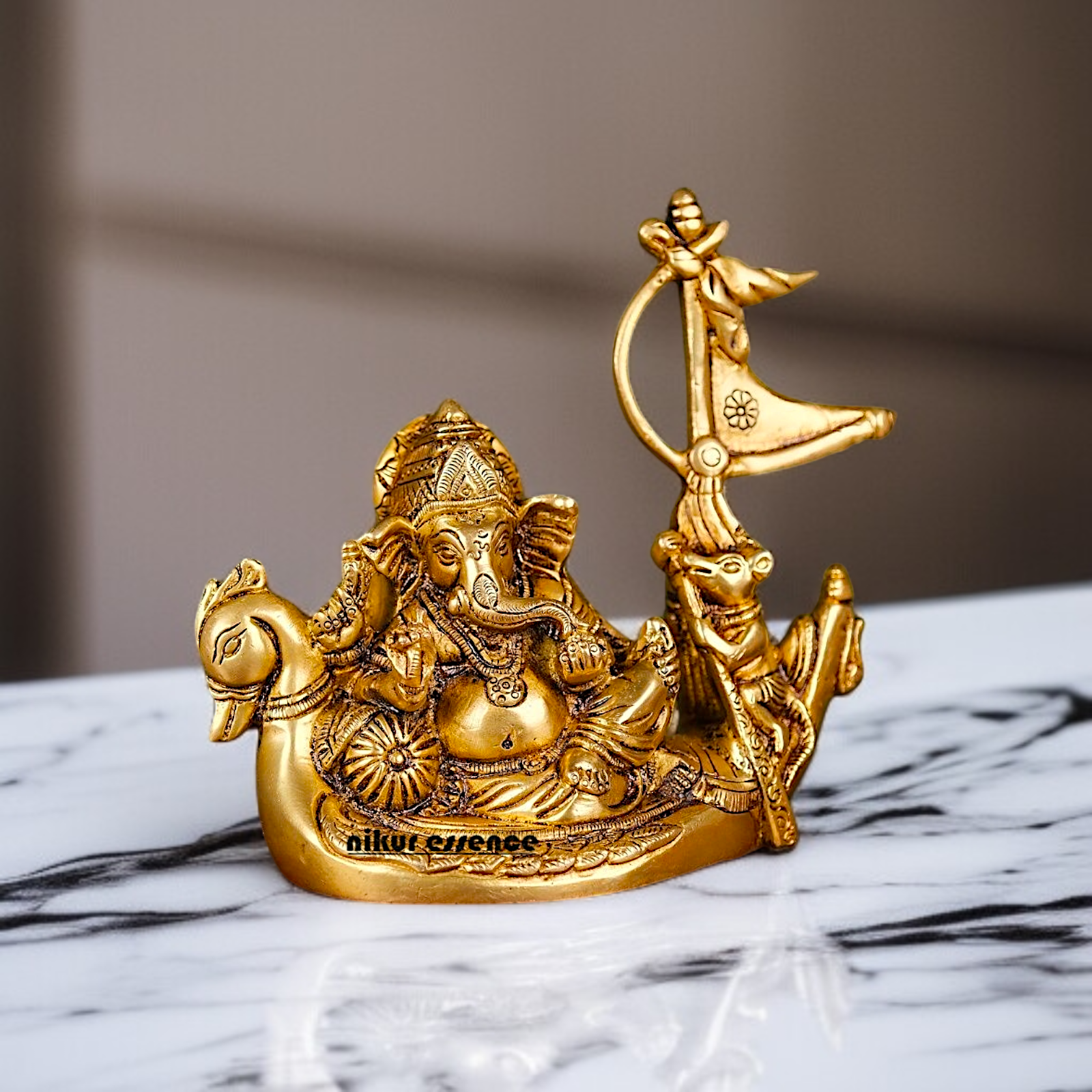 Solid Brass Ganesha Vinayaka Sitting on boat idol - 5.5 inches Nikuressence
