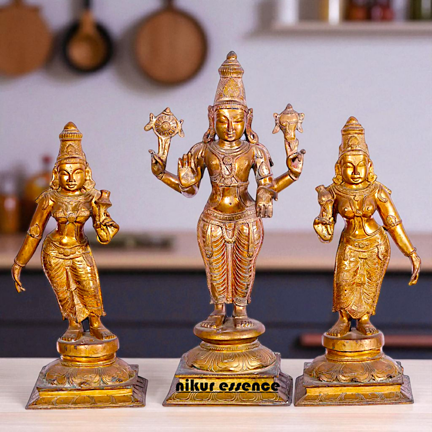 Large Perumal with Sridevi and Bhudevi standing Panchaloha Idol- 25 Inches Nikuressence