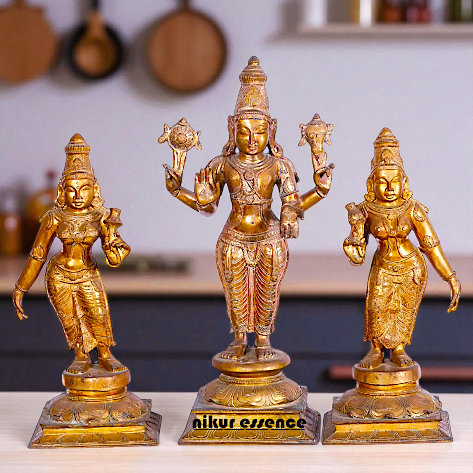 Large Perumal with Sridevi and Bhudevi standing Panchaloha Idol- 25 Inches Nikuressence