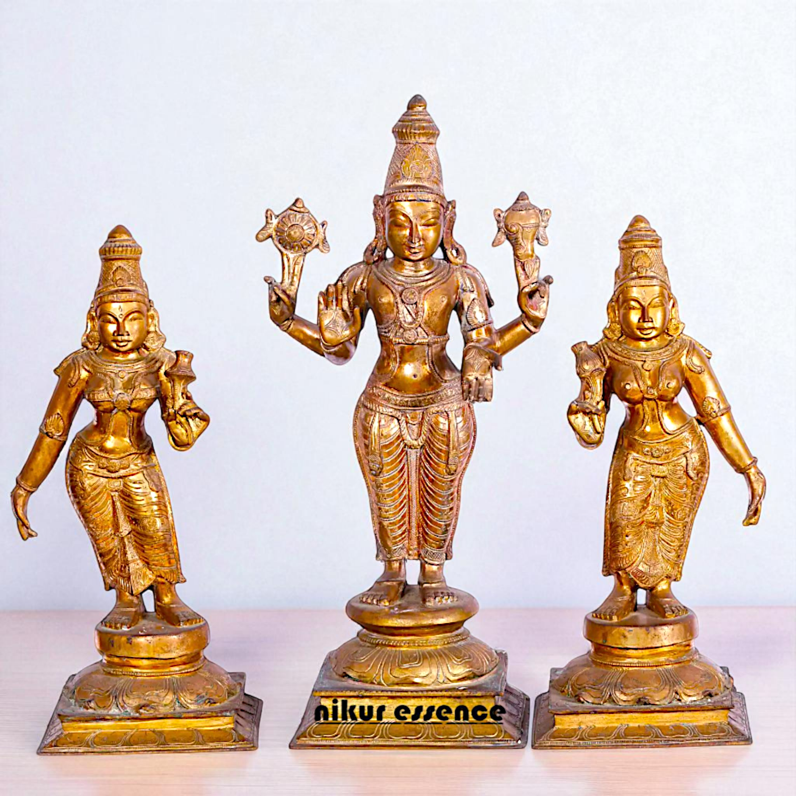 Large Perumal with Sridevi and Bhudevi standing Panchaloha Idol- 25 Inches Nikuressence