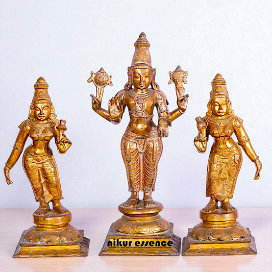 Large Perumal with Sridevi and Bhudevi standing Panchaloha Idol- 25 Inches Nikuressence