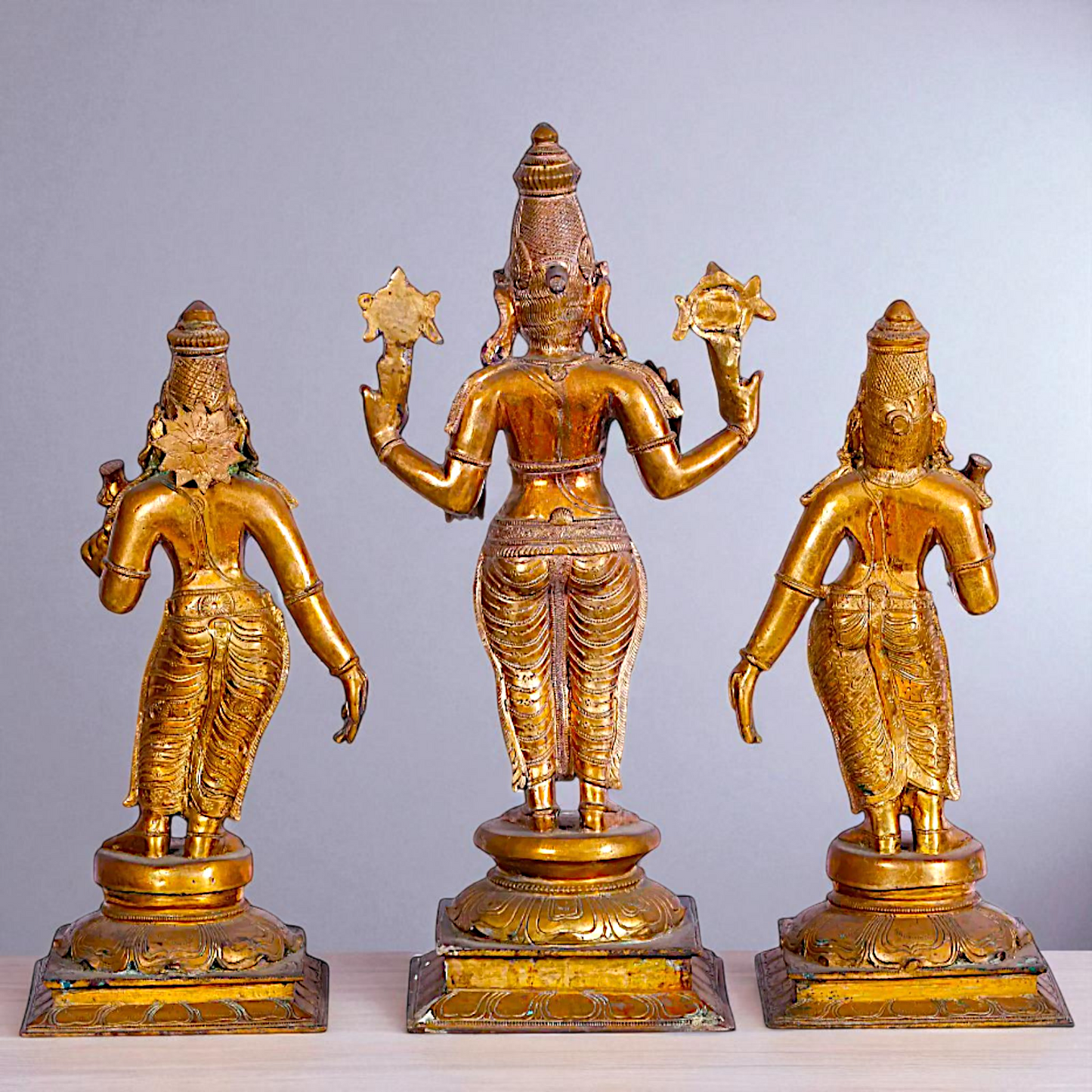 Large Perumal with Sridevi and Bhudevi standing Panchaloha Idol- 25 Inches Nikuressence