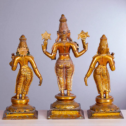 Large Perumal with Sridevi and Bhudevi standing Panchaloha Idol- 25 Inches Nikuressence