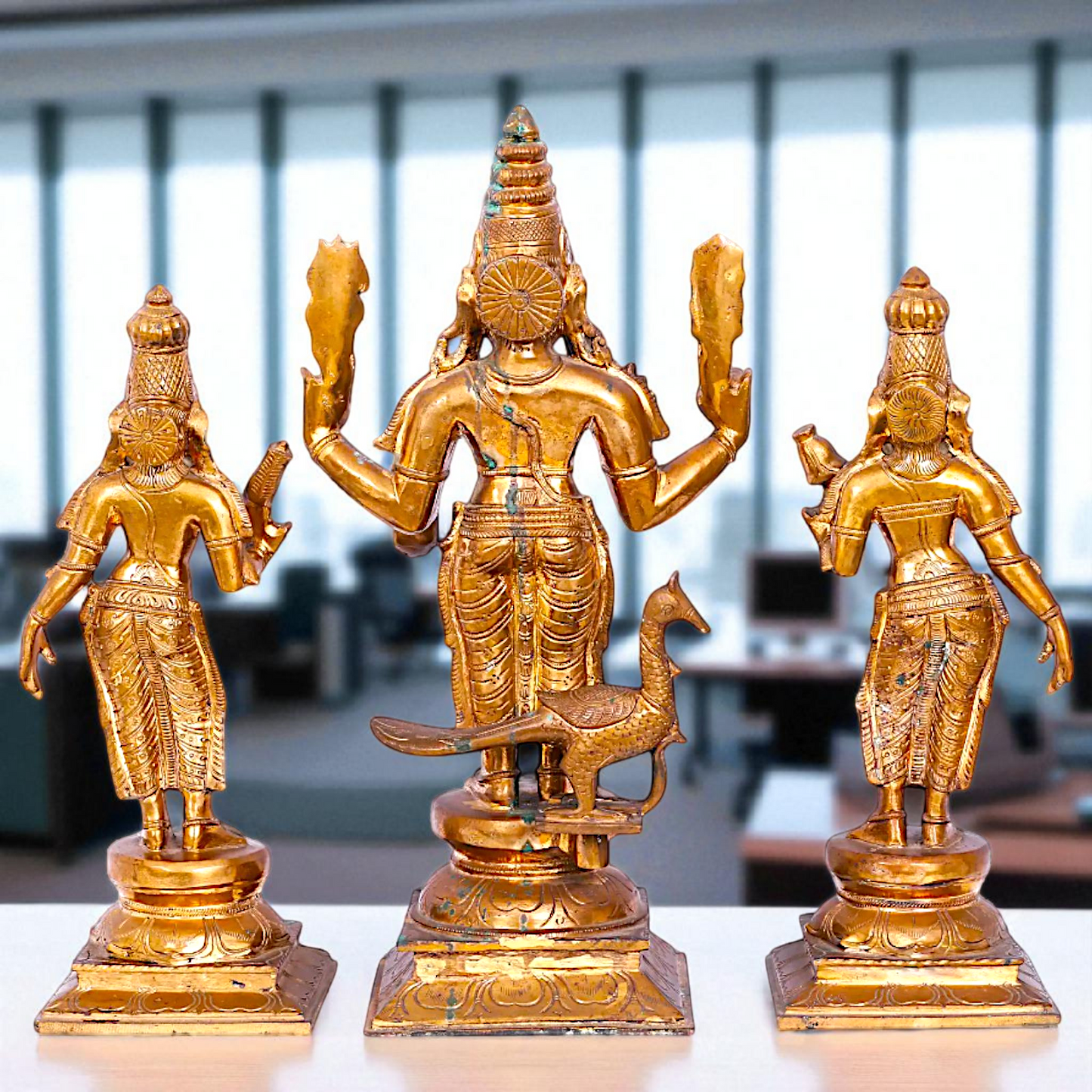 Big Kartikeya with Goddess Devasena and Valli Blessing standing Panchaloha Idol- 20 Inches Nikuressence