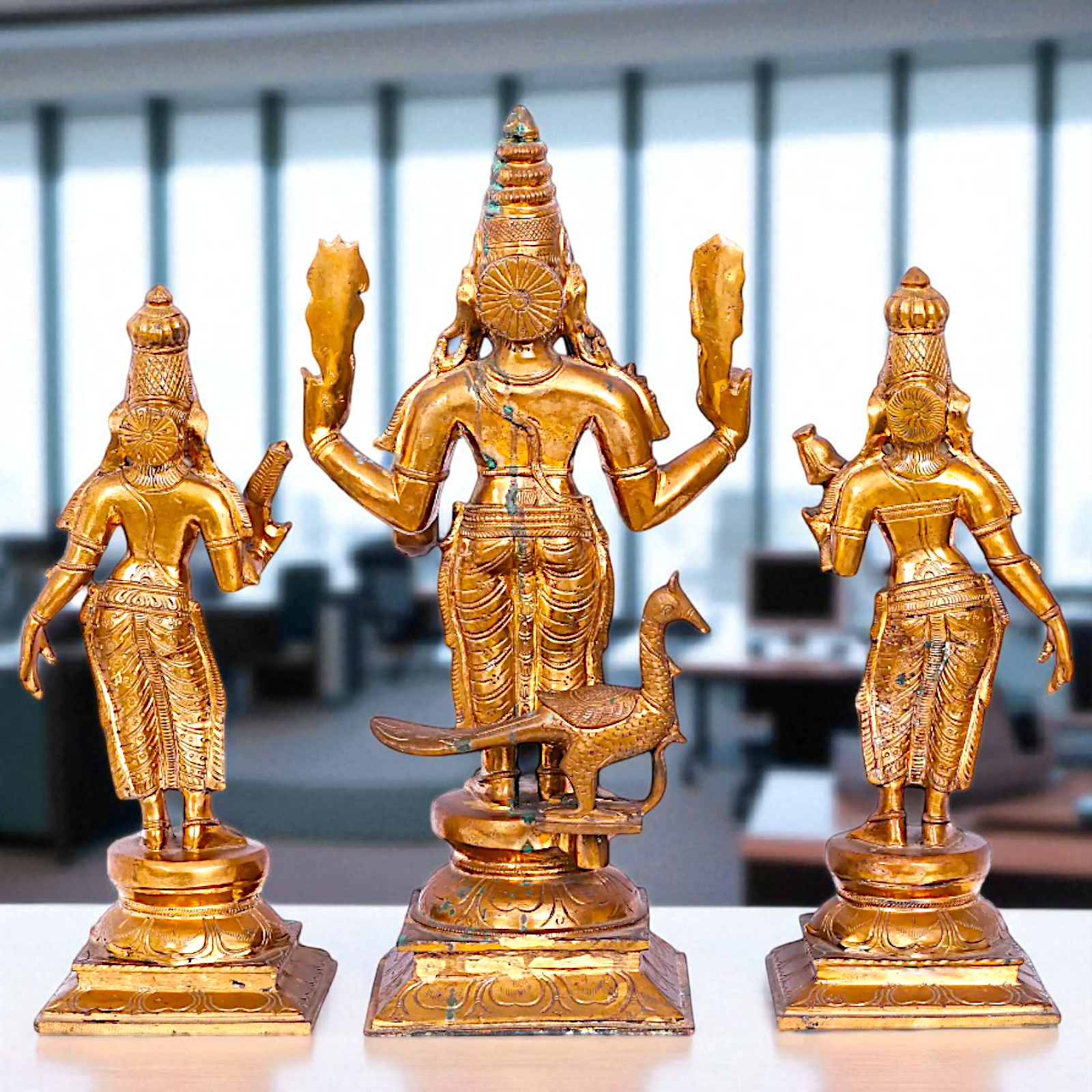 Big Kartikeya with Goddess Devasena and Valli Blessing standing Panchaloha Idol- 20 Inches Nikuressence