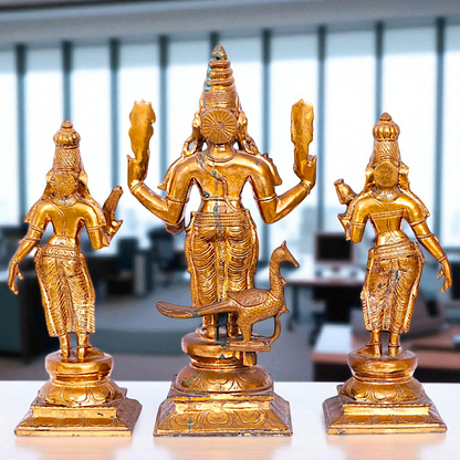 Big Kartikeya with Goddess Devasena and Valli Blessing standing Panchaloha Idol- 20 Inches Nikuressence