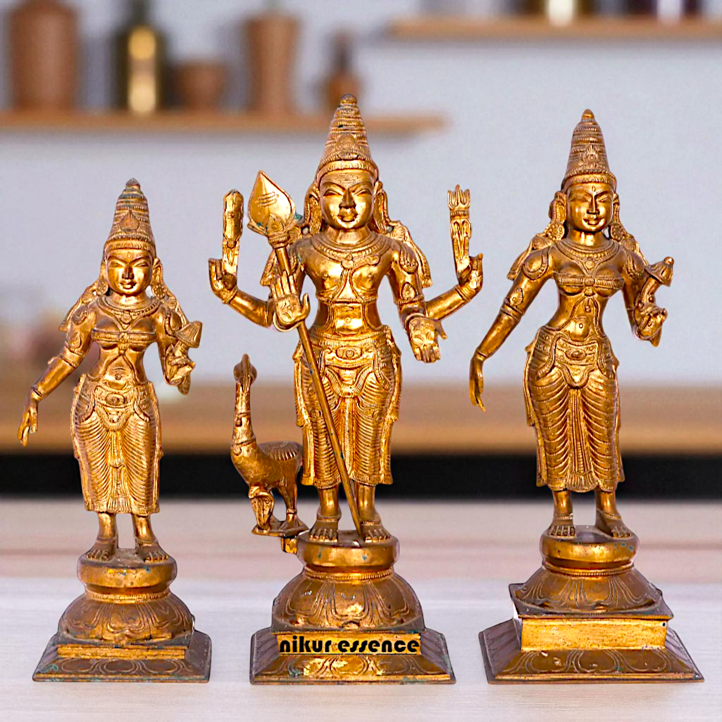 Kartikeya Murugan with peacock Devasena and Valli Devi Panchaloha Idol- 19 Inches Nikuressence