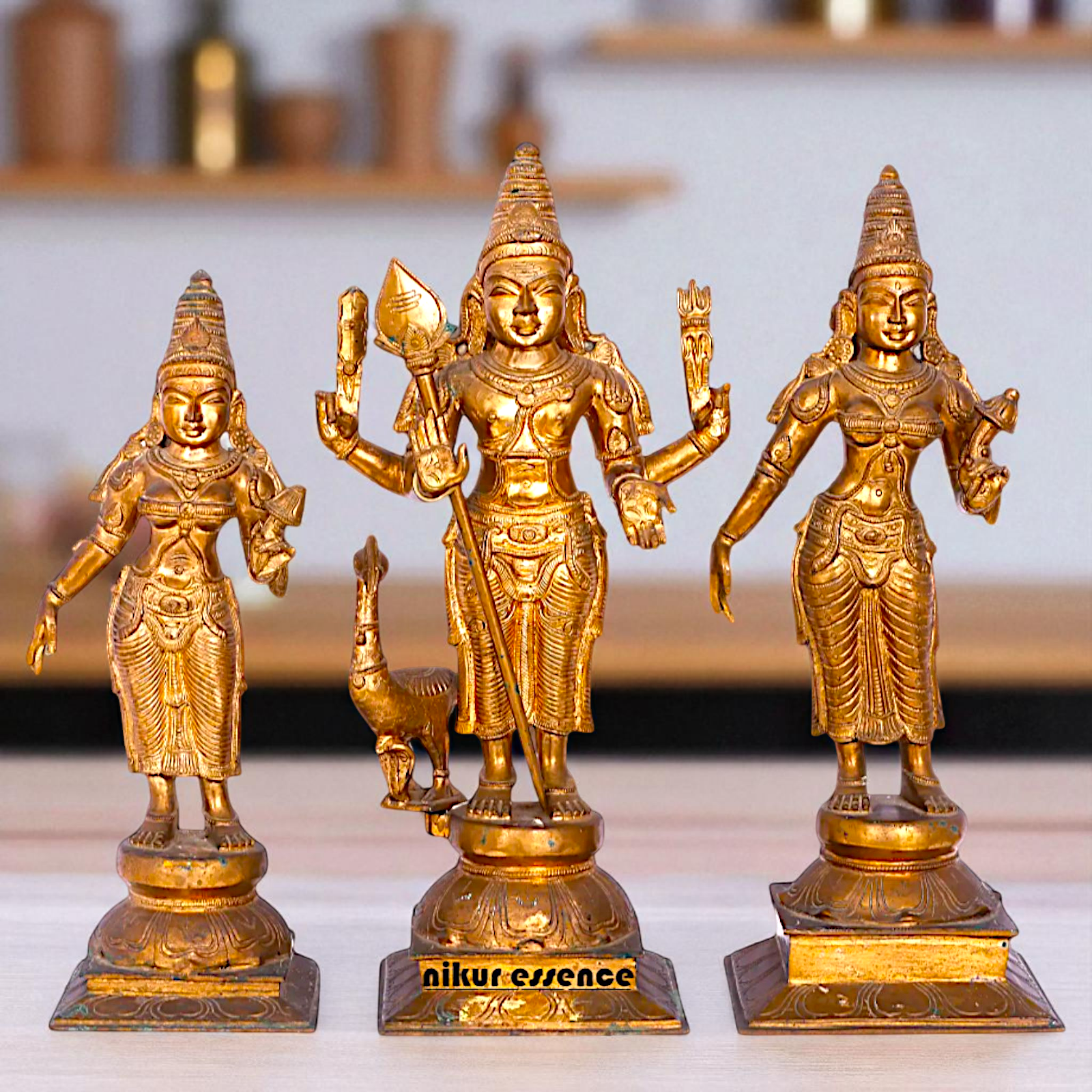 Kartikeya Murugan with peacock Devasena and Valli Devi Panchaloha Idol- 19 Inches Nikuressence