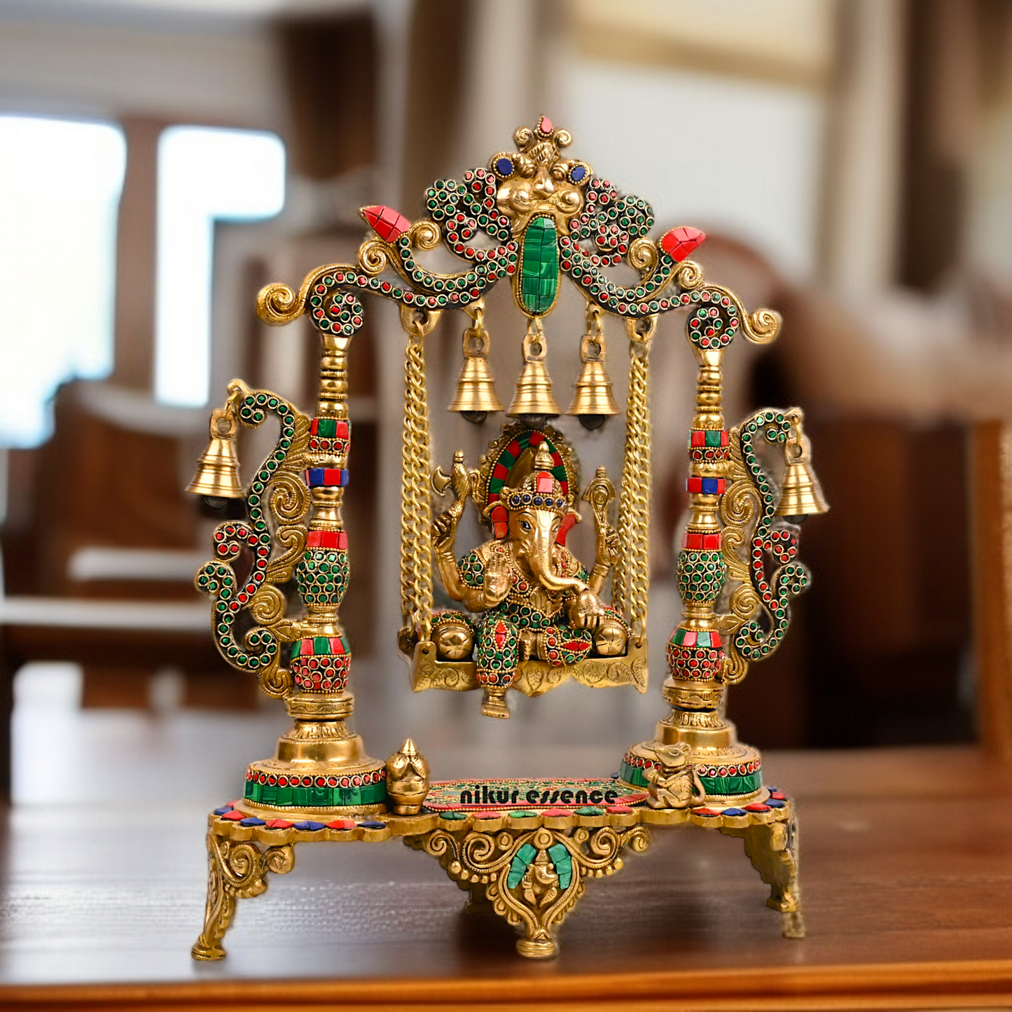 Buy Online Brass Ganesha/Vinayaka jhula with stone work by Nikur Essence - 48 cm Nikuressence