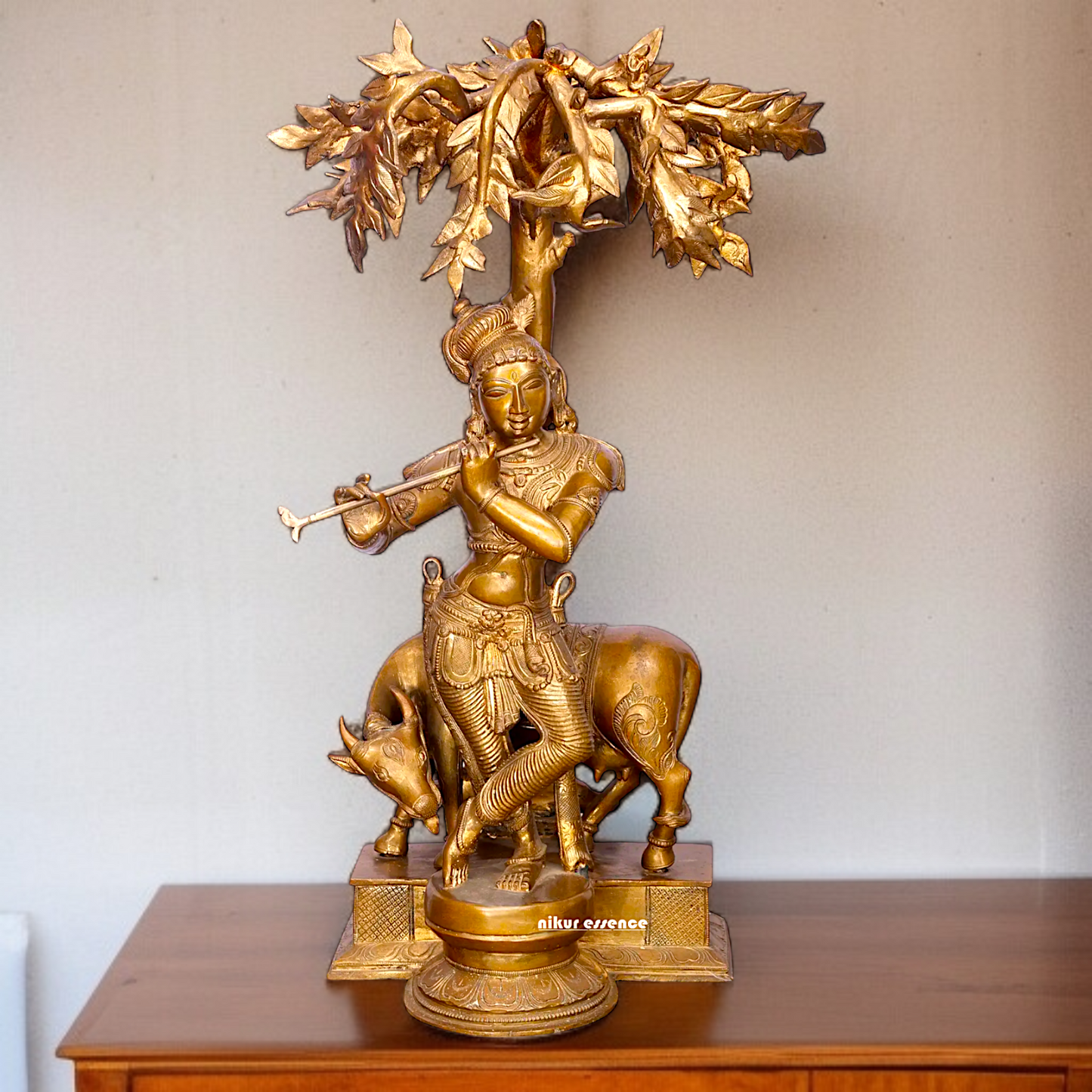 Large Krishna Playing Flute with tree and cow Panchaloha idol - 26 Inches Nikuressence