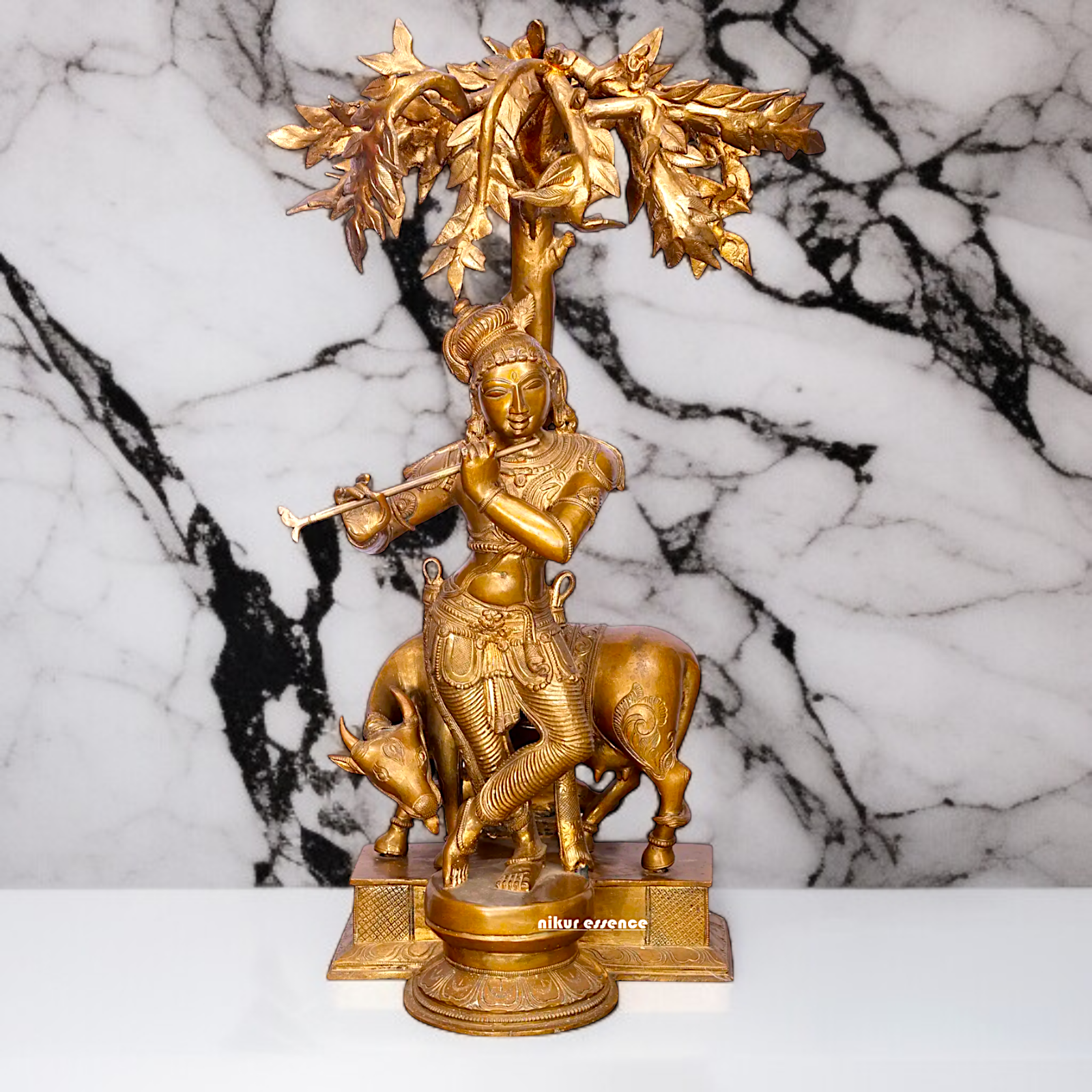 Large Krishna Playing Flute with tree and cow Panchaloha idol - 26 Inches Nikuressence