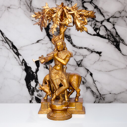 Large Krishna Playing Flute with tree and cow Panchaloha idol - 26 Inches Nikuressence