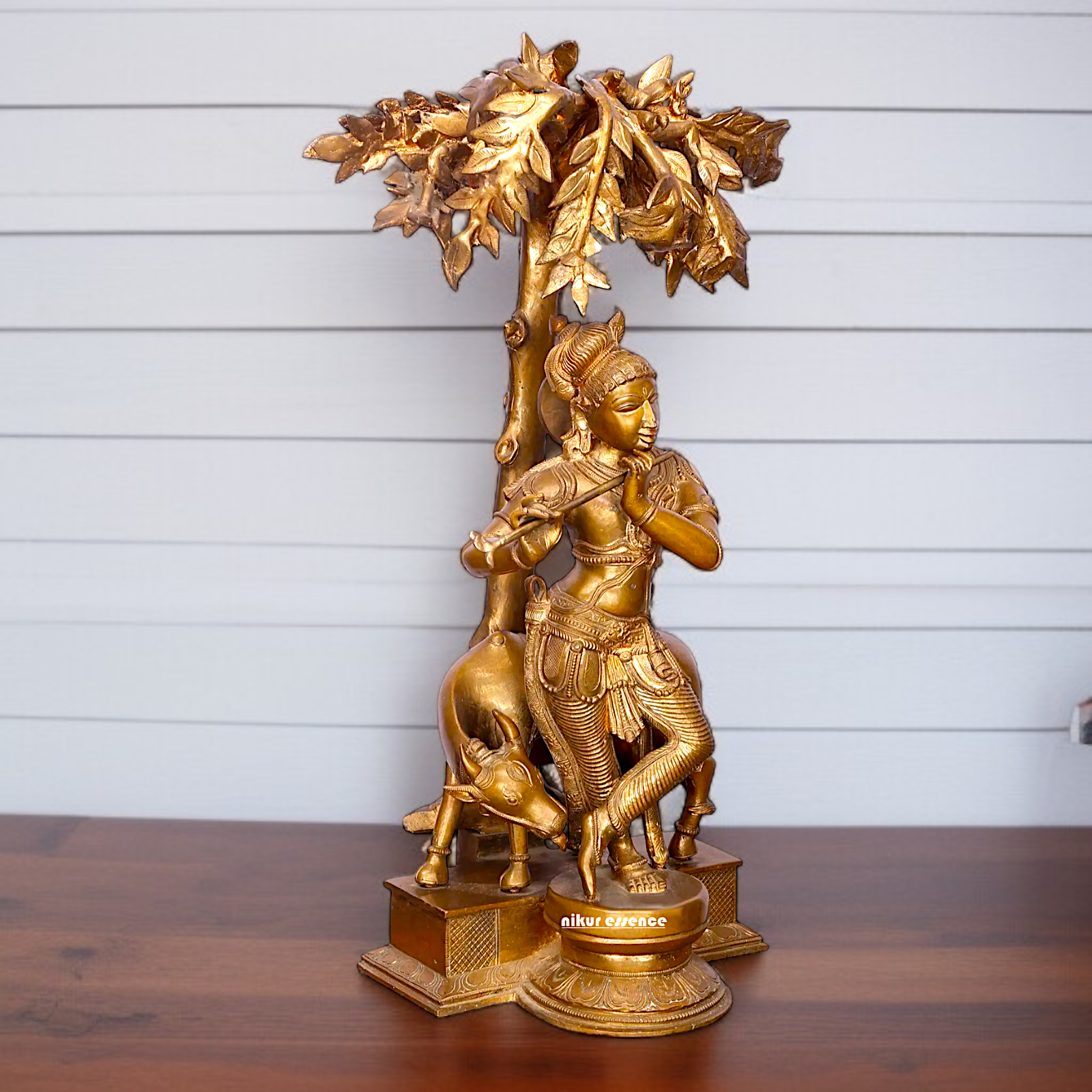 Large Krishna Playing Flute with tree and cow Panchaloha idol - 26 Inches Nikuressence