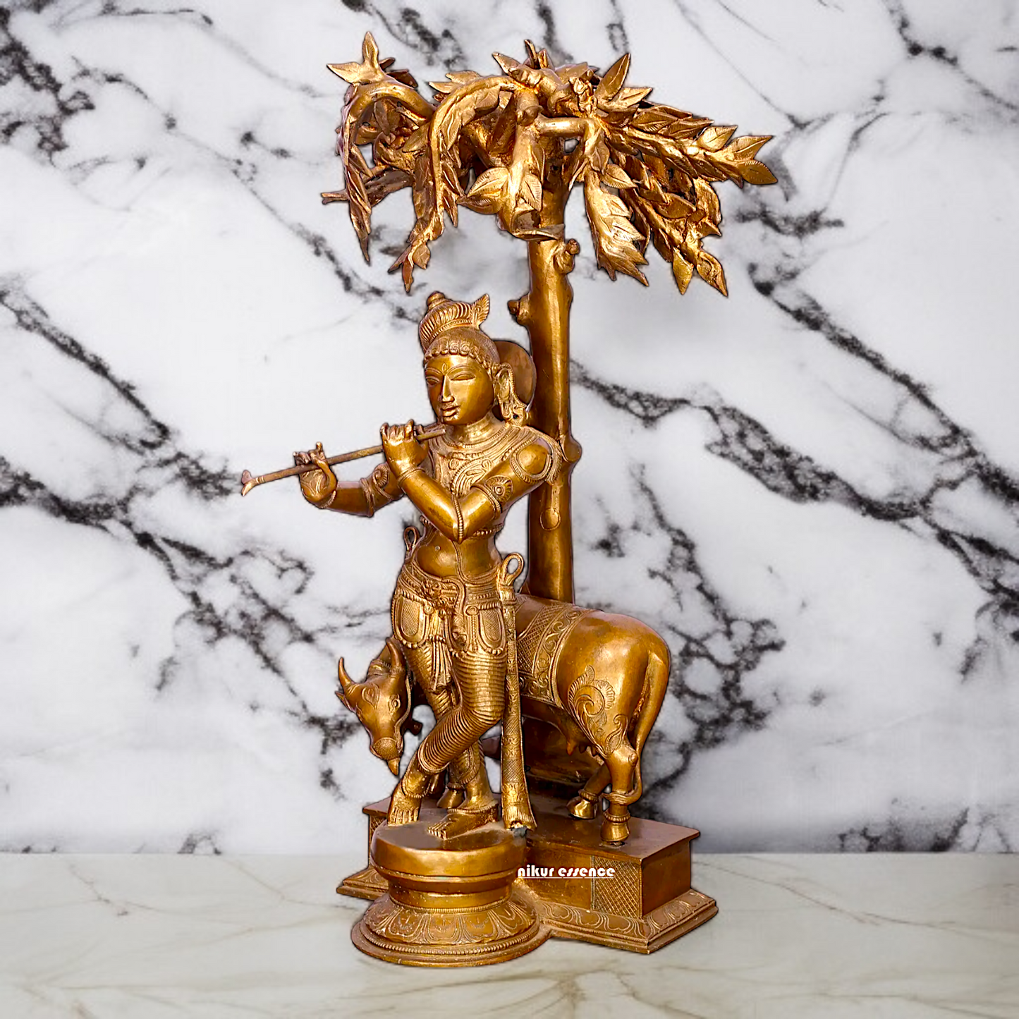 Large Krishna Playing Flute with tree and cow Panchaloha idol - 26 Inches Nikuressence