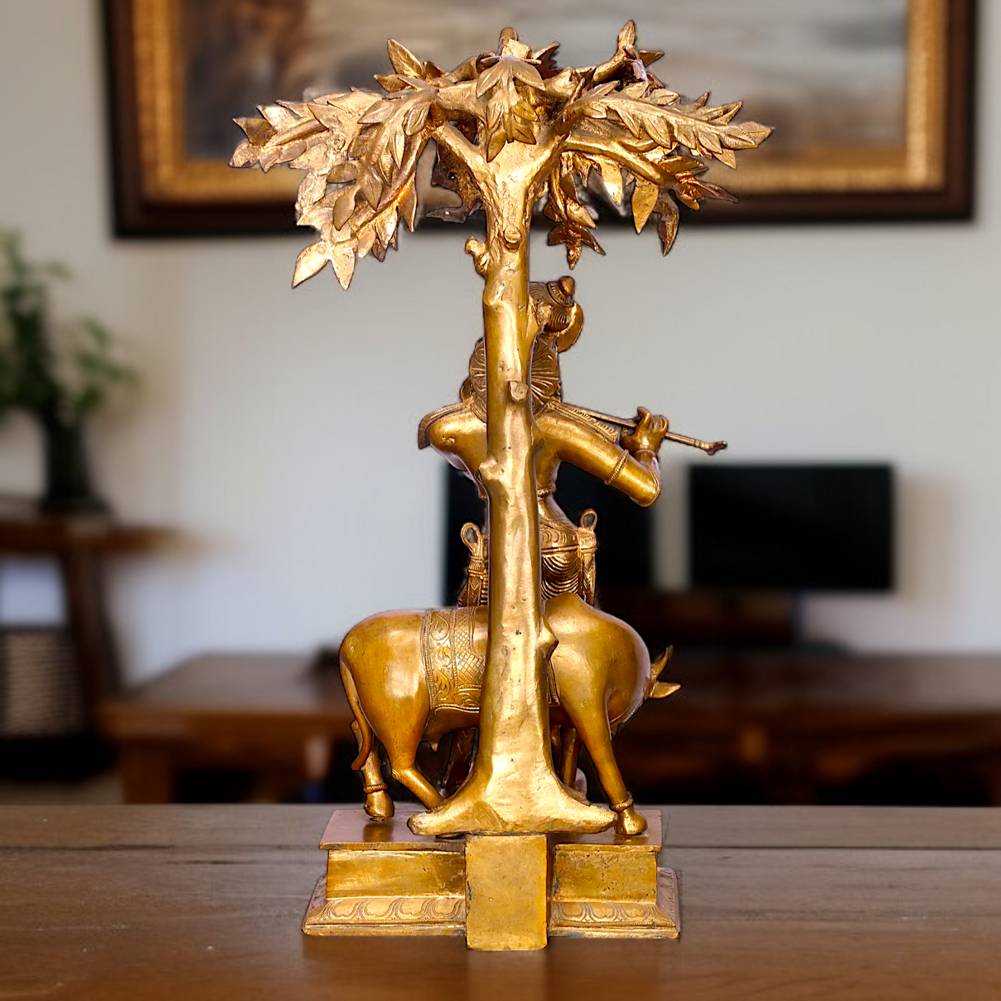 Large Krishna Playing Flute with tree and cow Panchaloha idol - 26 Inches Nikuressence