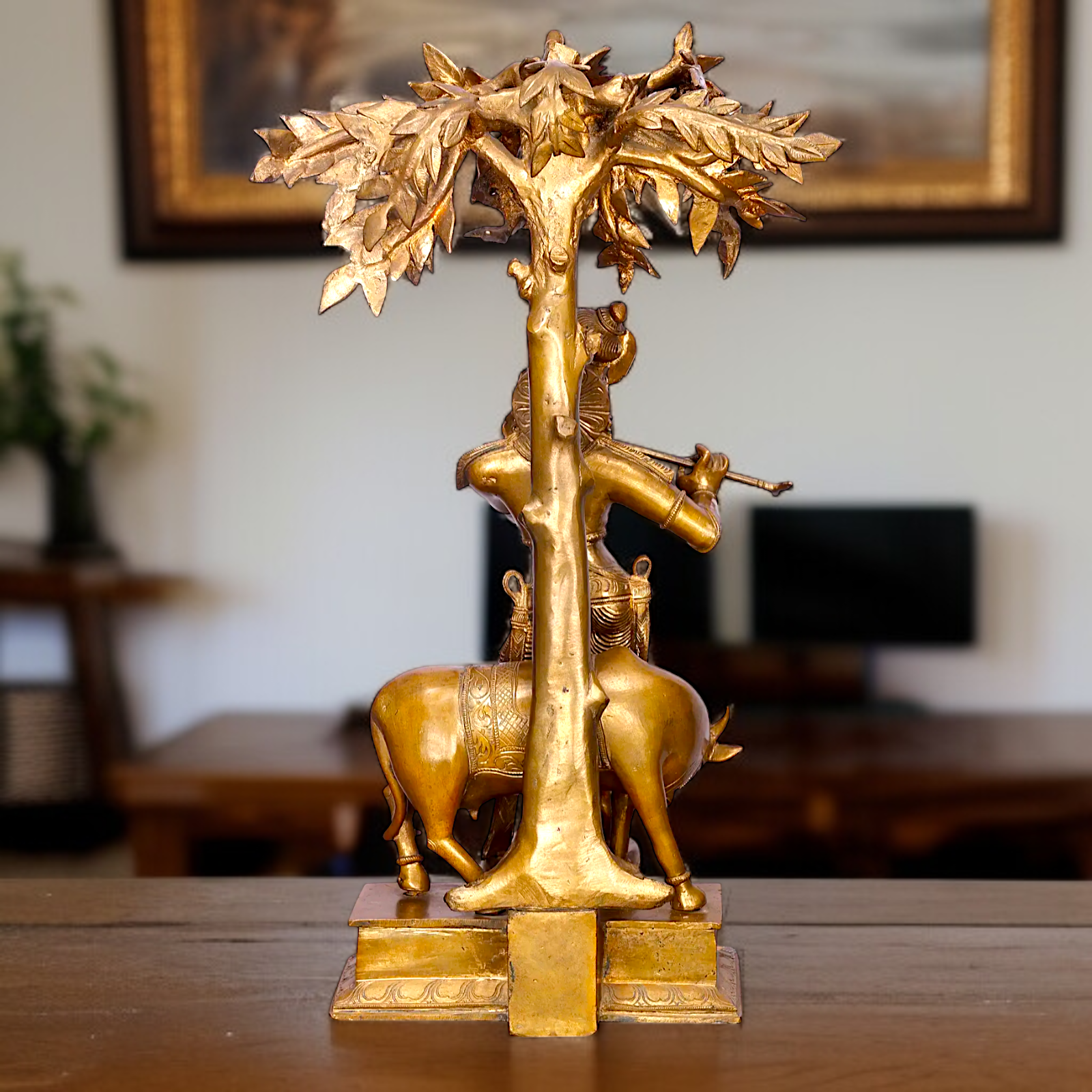 Large Krishna Playing Flute with tree and cow Panchaloha idol - 26 Inches Nikuressence