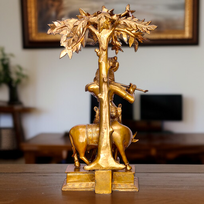 Large Krishna Playing Flute with tree and cow Panchaloha idol - 26 Inches Nikuressence