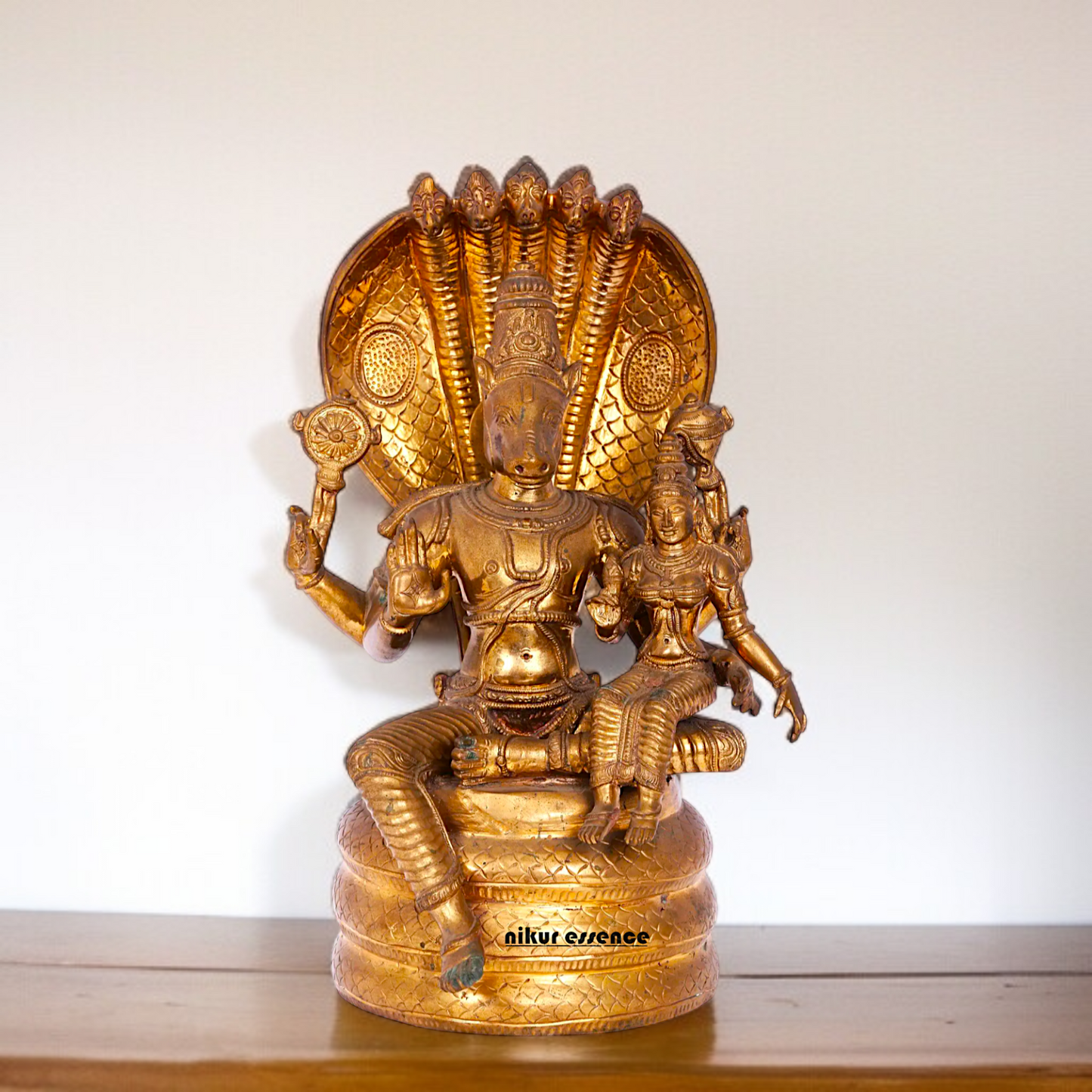 Hayagriva with Goddess Lakshmi seated Panchaloha idol - 12 Inches Nikuressence