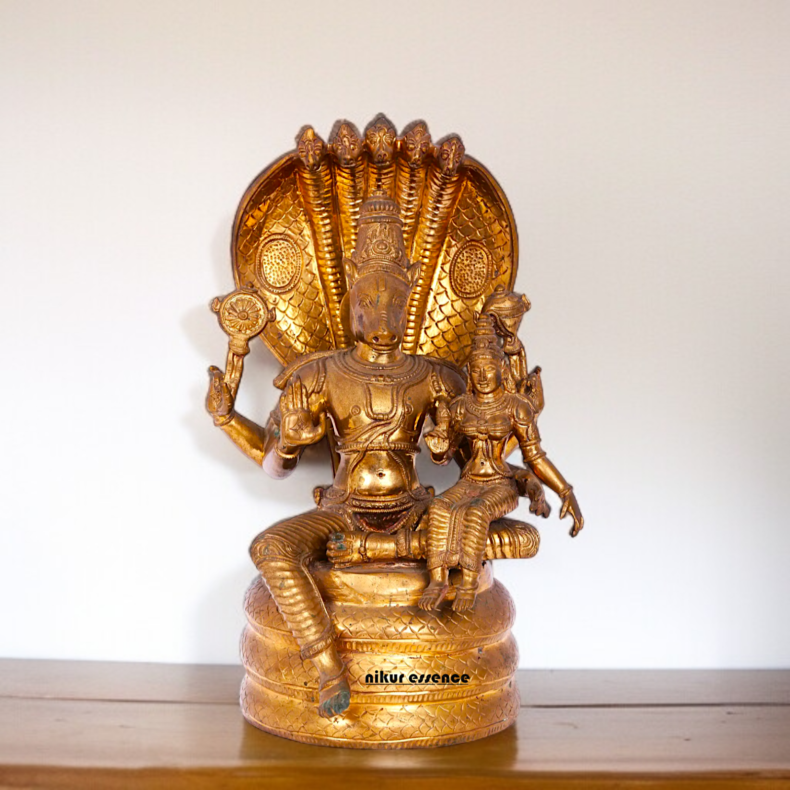 Hayagriva with Goddess Lakshmi seated Panchaloha idol - 12 Inches Nikuressence