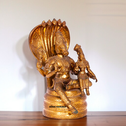 Hayagriva with Goddess Lakshmi seated Panchaloha idol - 12 Inches Nikuressence
