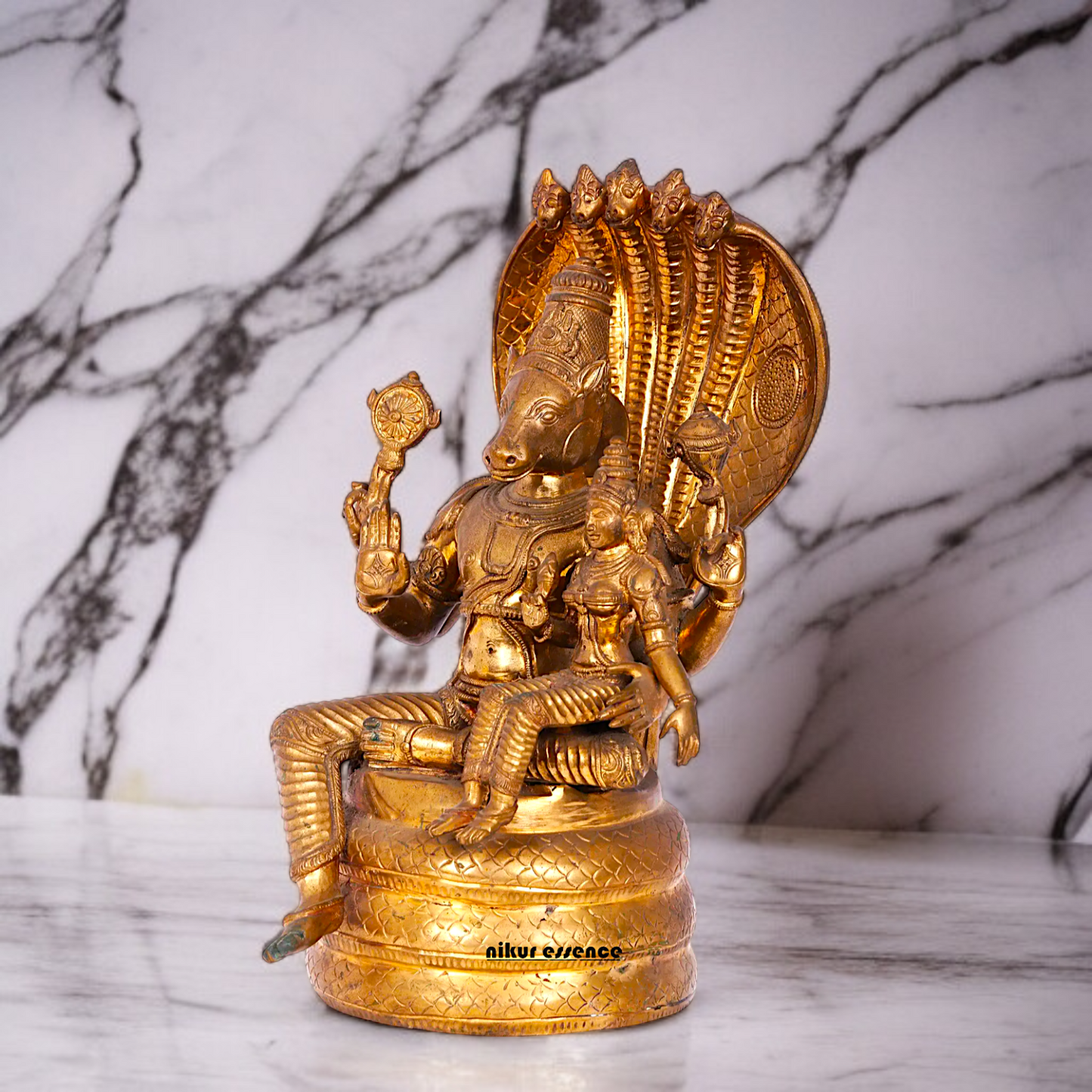 Hayagriva with Goddess Lakshmi seated Panchaloha idol - 12 Inches Nikuressence