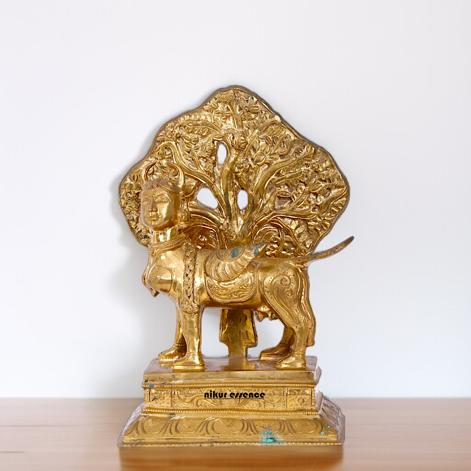 Goddess kamadhenu cow with Kalpavriksha Tree Panchaloha idol - 12 Inches Nikuressence