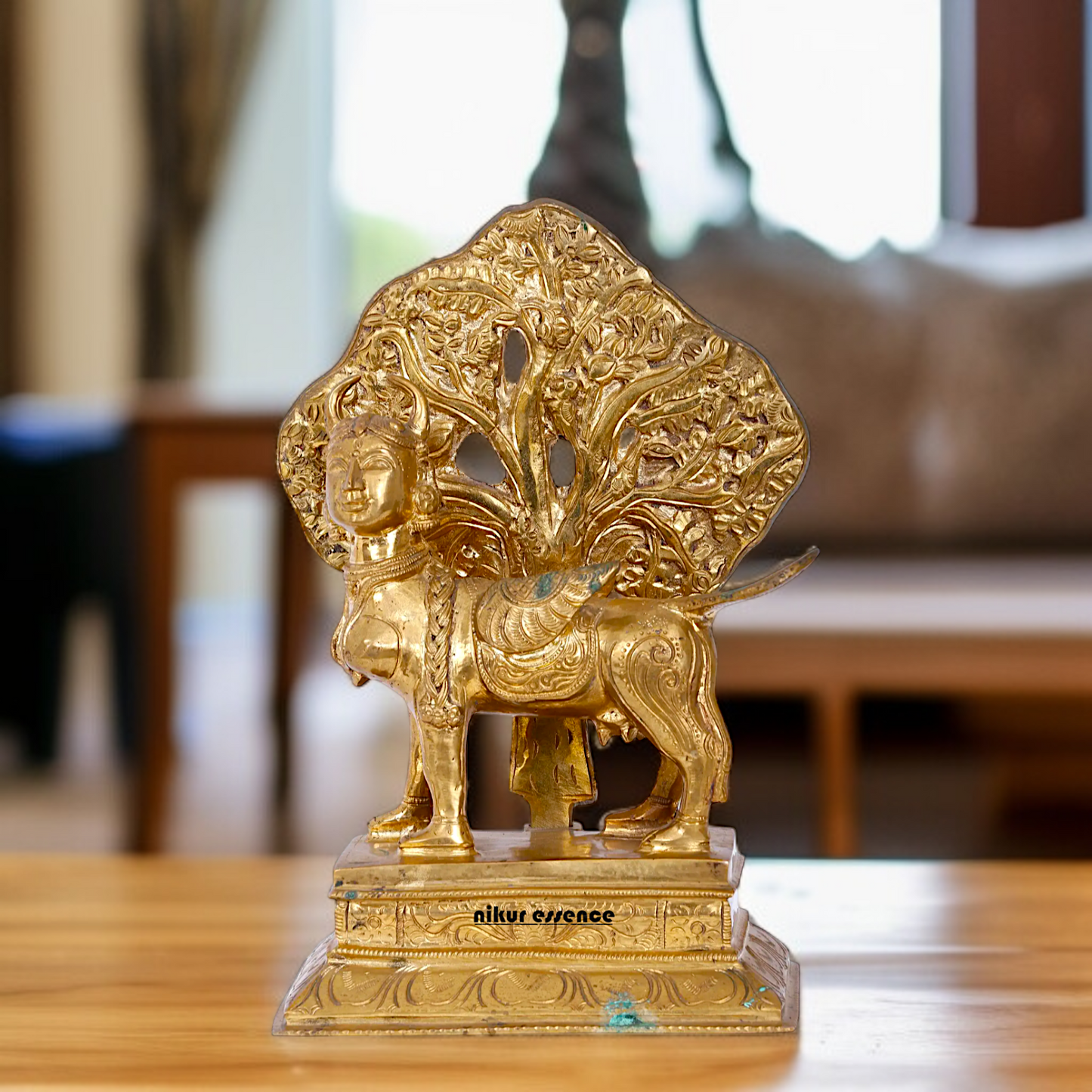 Goddess kamadhenu cow with Kalpavriksha Tree Panchaloha idol - 12 Inches Nikuressence