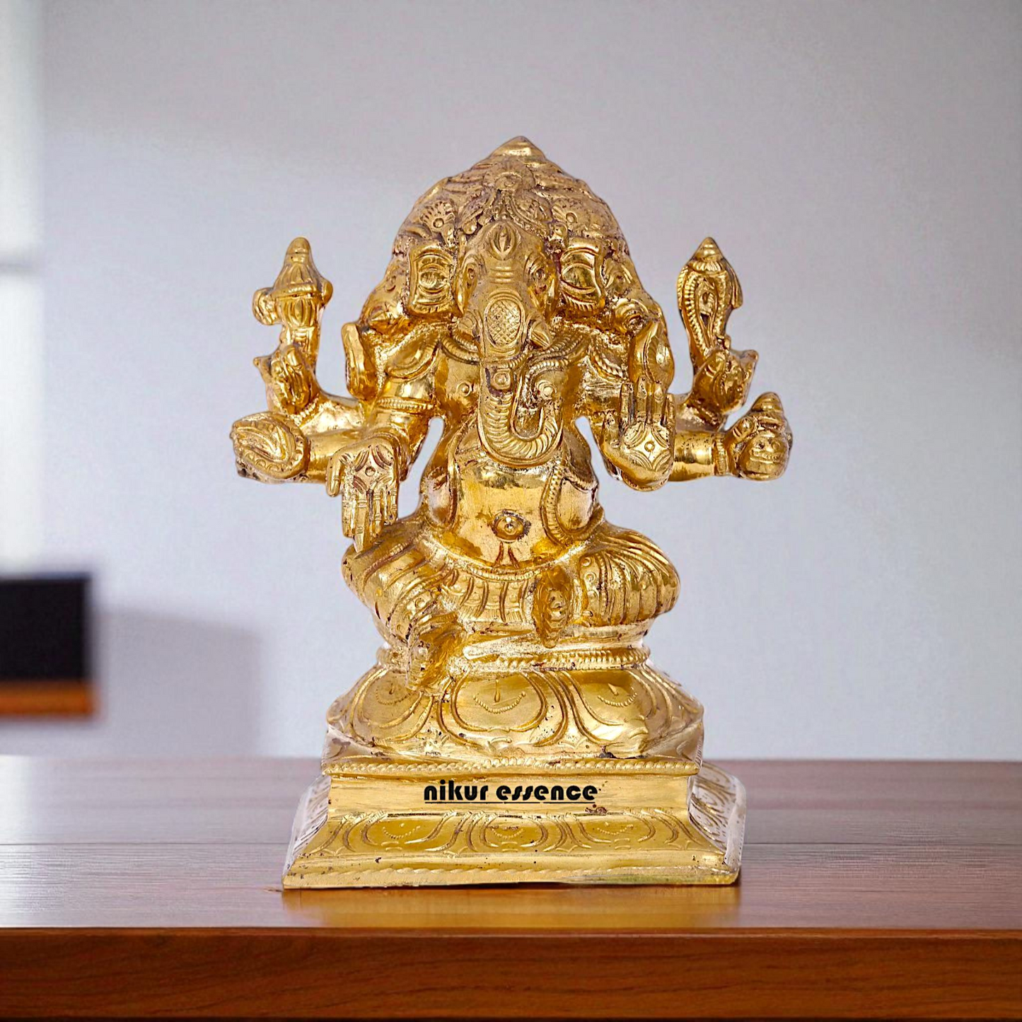 Panchaloha Three Face Ganesha Blessing seated idol - 6 inches Nikuressence