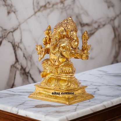 Panchaloha Three Face Ganesha Blessing seated idol - 6 inches Nikuressence