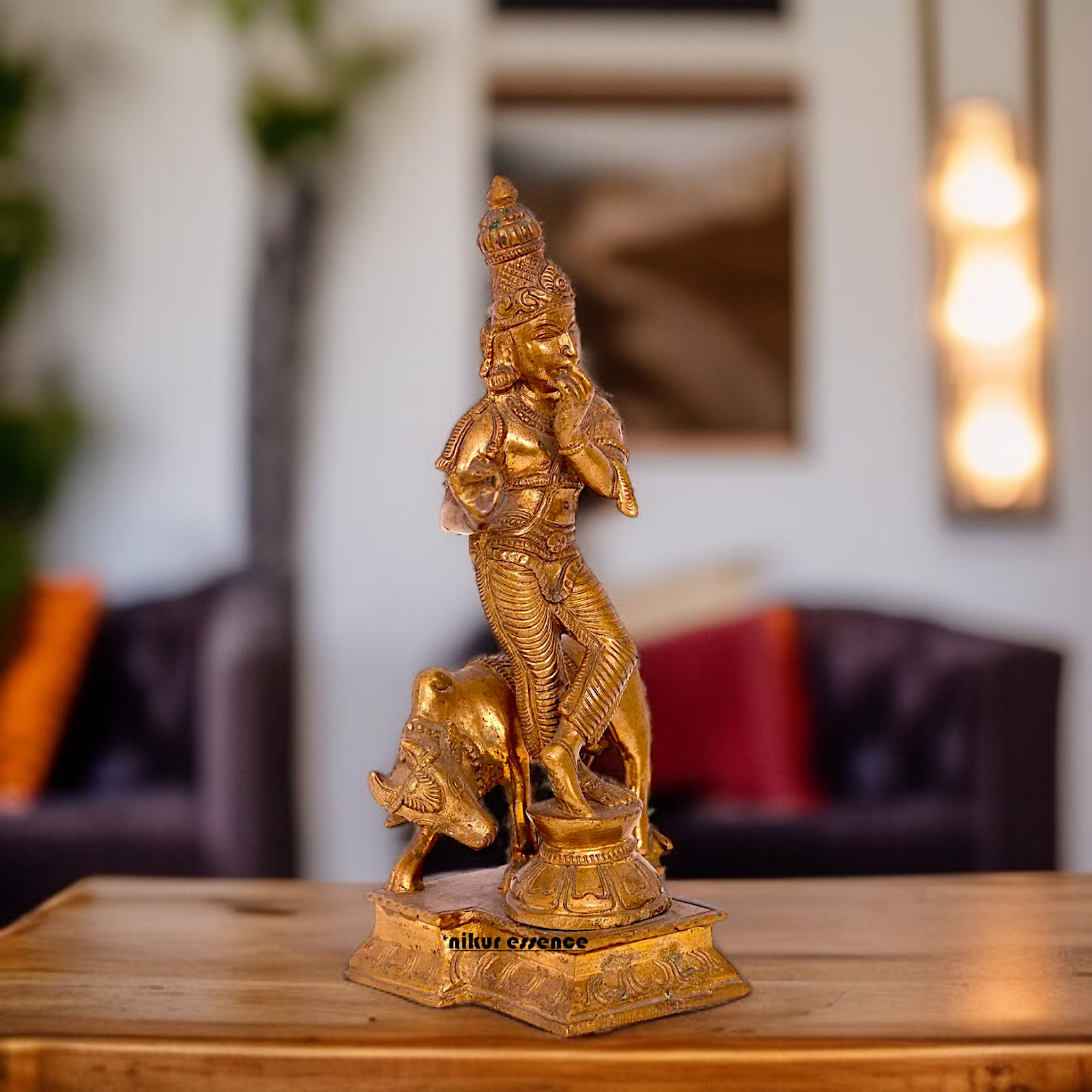 Panchaloha Krishna Playing Flute with cow standing idol - 8 inches Nikuressence