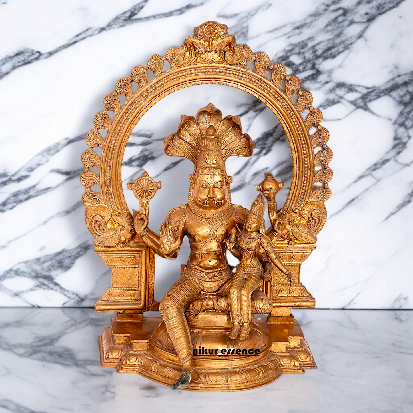 Narasimha with Lakshmi seated with Blessing Panchaloha idol - 22 Inches Nikuressence
