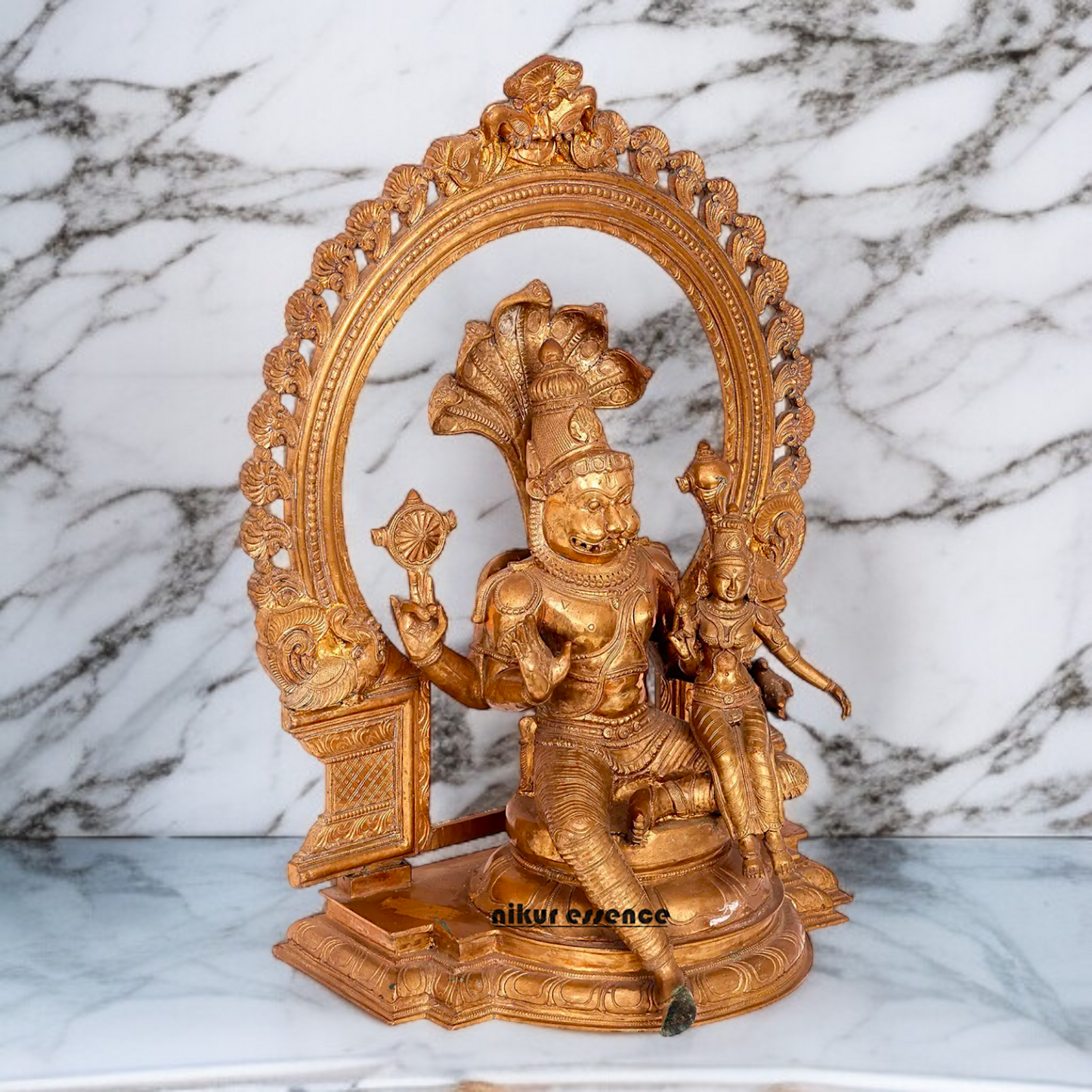 Narasimha with Lakshmi seated with Blessing Panchaloha idol - 22 Inches Nikuressence