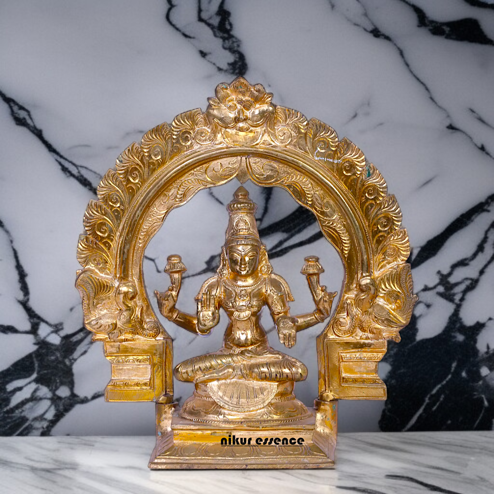 Panchaloha Lakshmi Blessing with Four hand seated on throne statue - 12 Inches Nikuressence