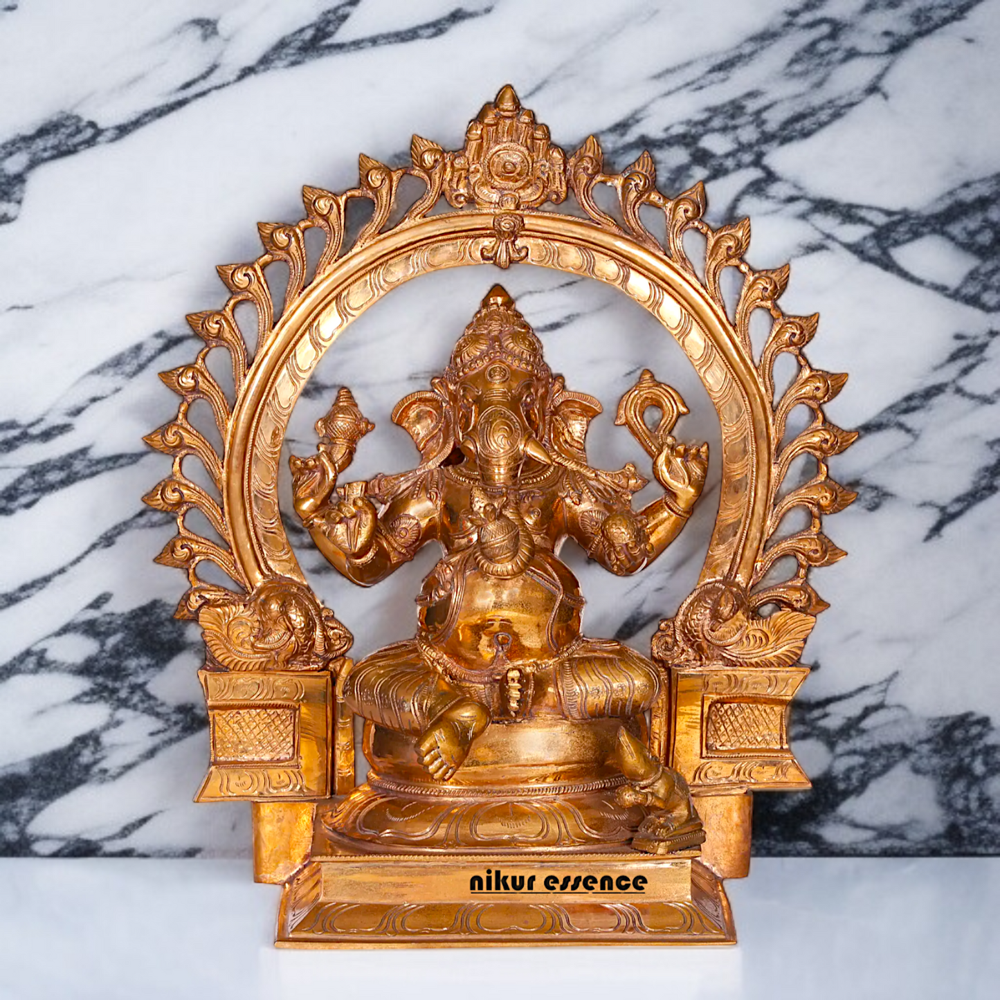 Panchaloha Ganesha with Four Armed seated on throne statue- 19 Inches Nikuressence