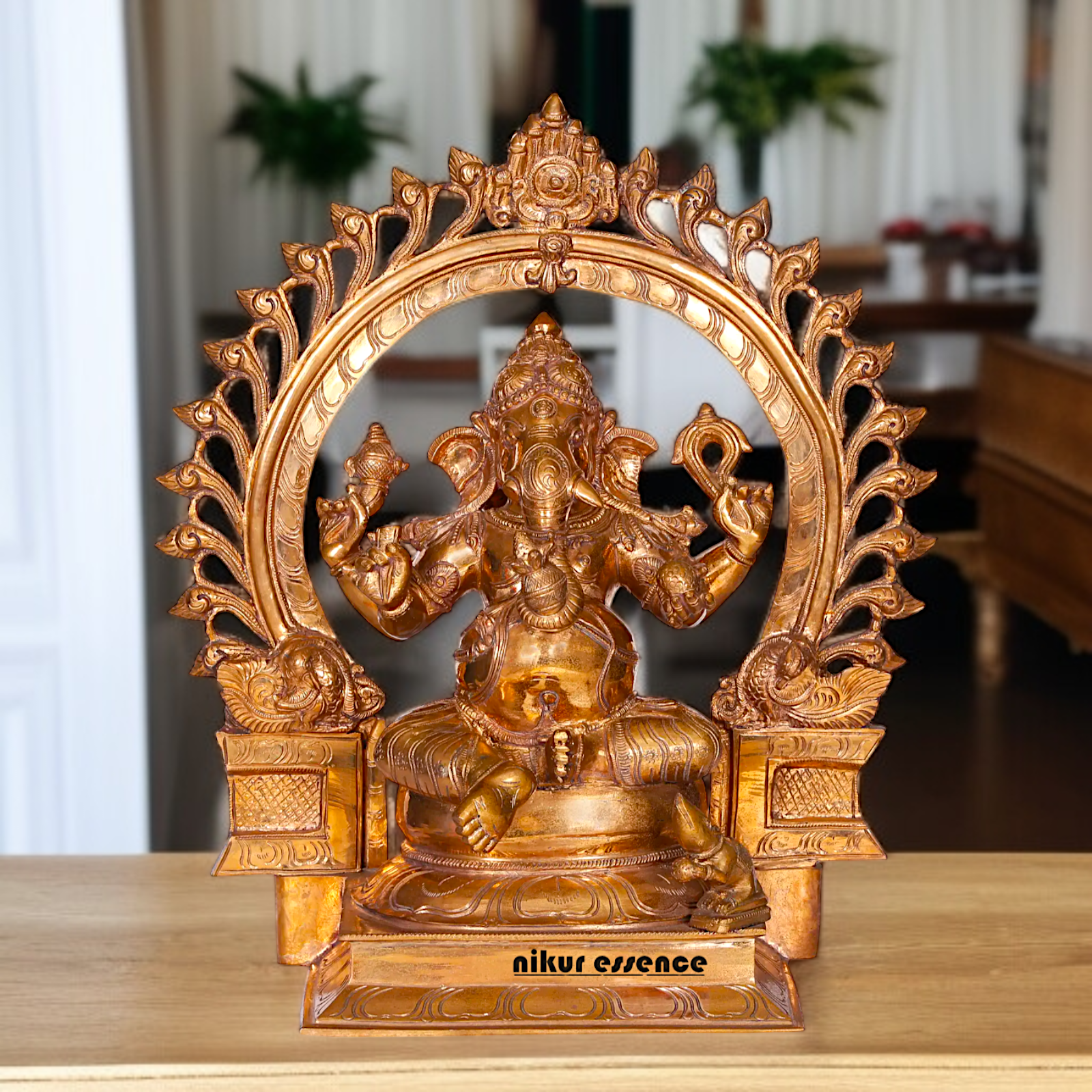 Panchaloha Ganesha with Four Armed seated on throne statue- 19 Inches Nikuressence