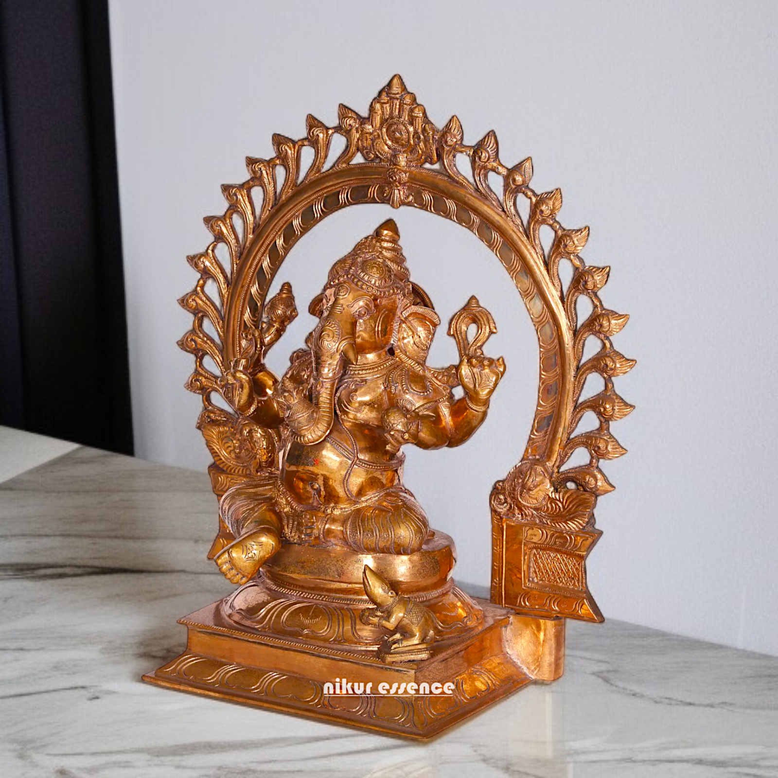 Panchaloha Ganesha with Four Armed seated on throne statue- 19 Inches Nikuressence