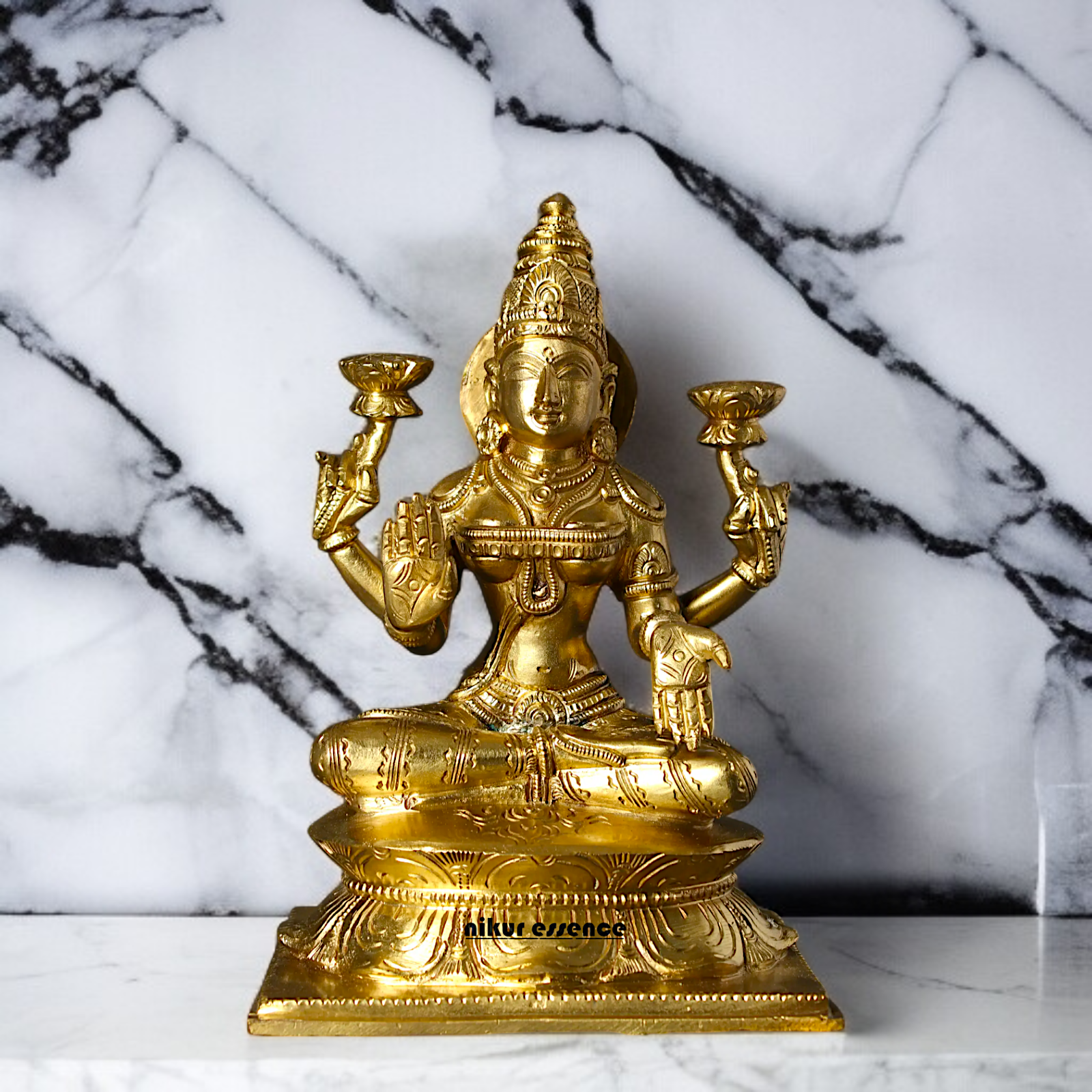 Panchaloha Lakshmi Maa blessing seated on lotus statue - 7 Inches Nikuressence