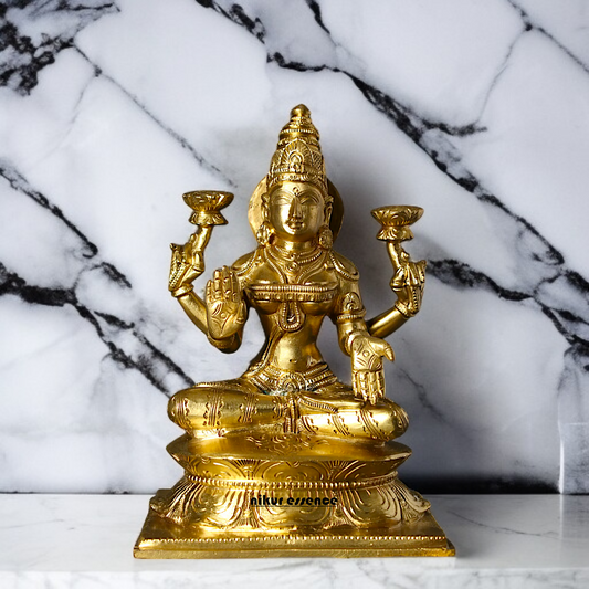 Panchaloha Lakshmi Maa blessing seated on lotus statue - 7 Inches Nikuressence