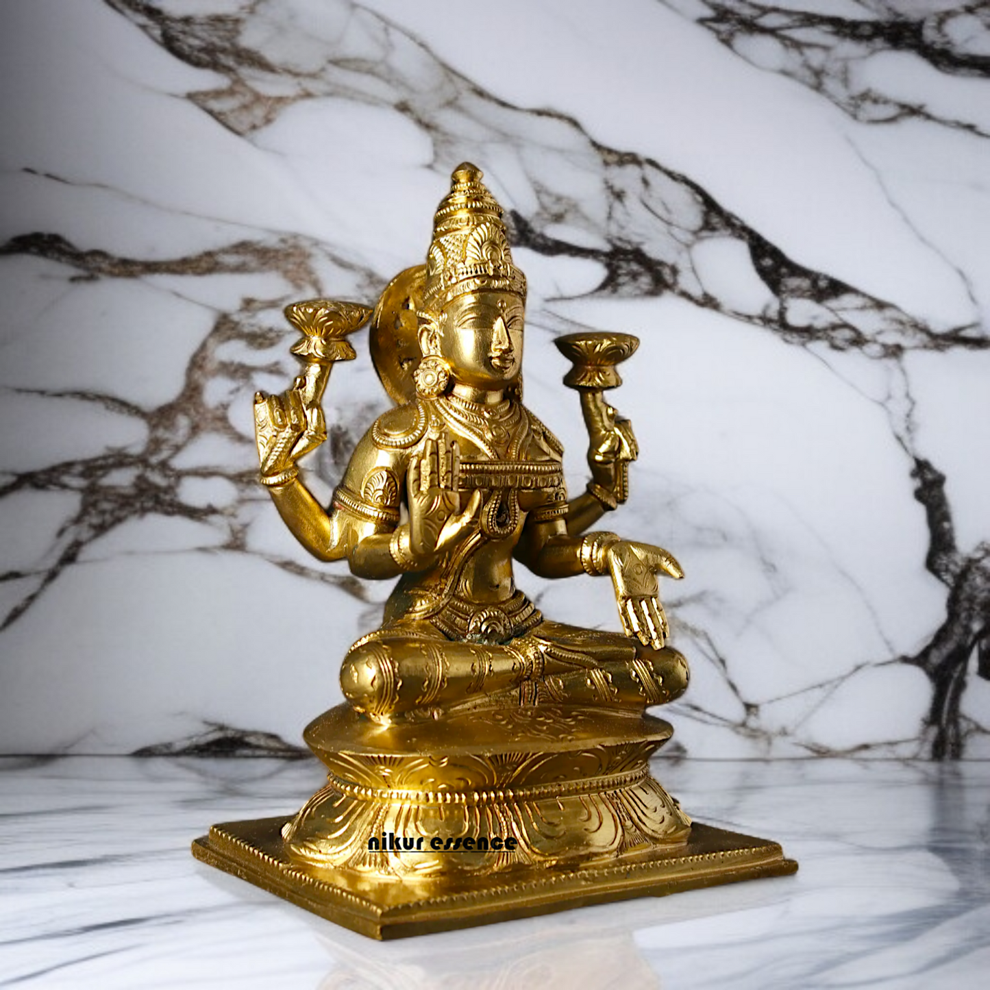 Panchaloha Lakshmi Maa blessing seated on lotus statue - 7 Inches Nikuressence