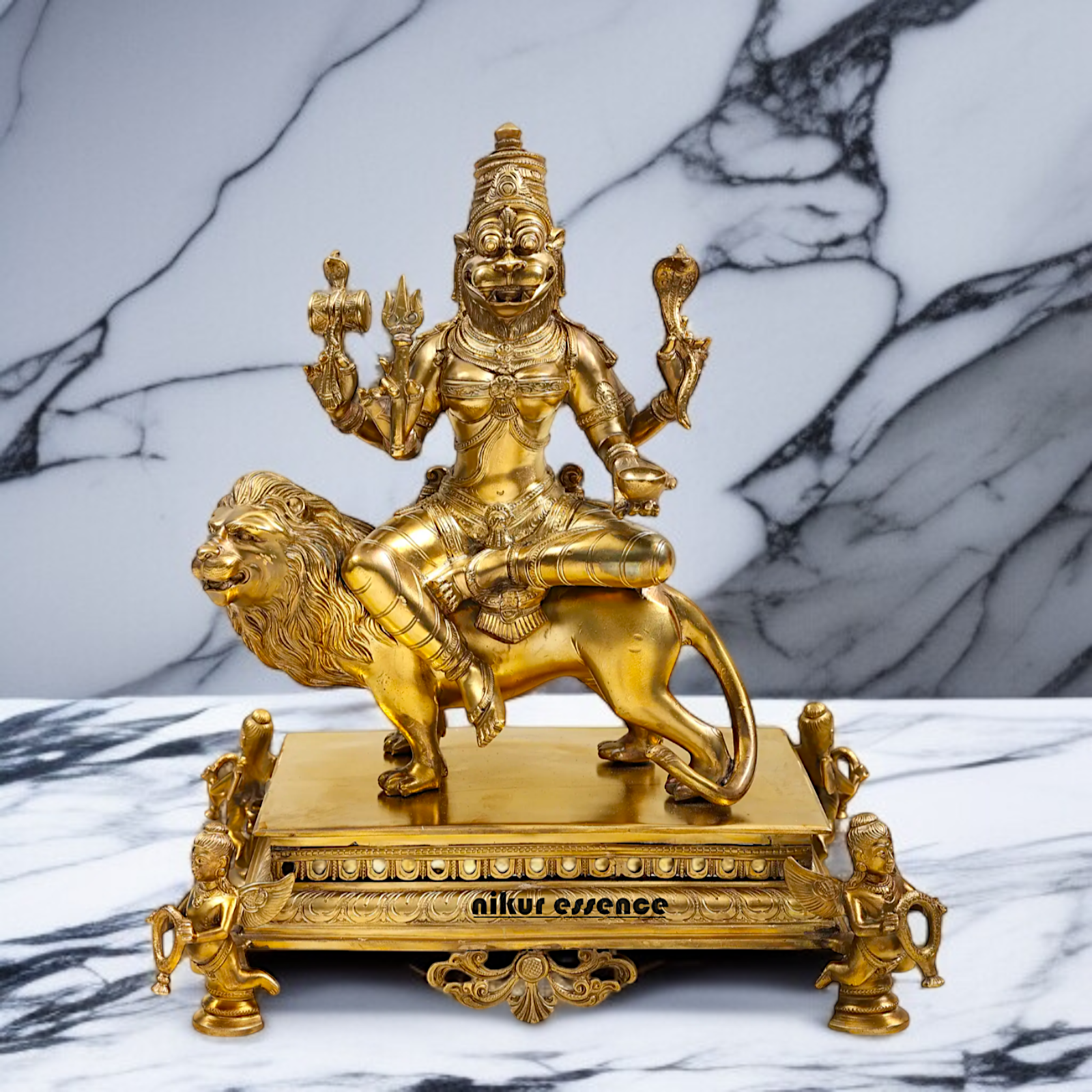 Goddess Pratyangira Devi seated on lion Panchaloha statue - 15 Inches Nikuressence