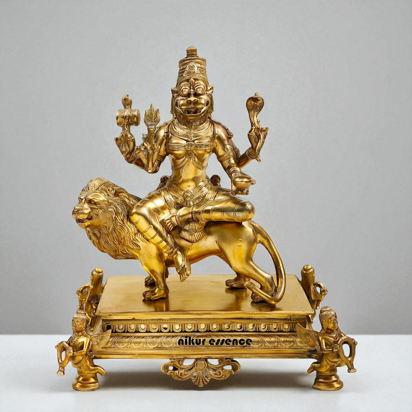 Goddess Pratyangira Devi seated on lion Panchaloha statue - 15 Inches Nikuressence