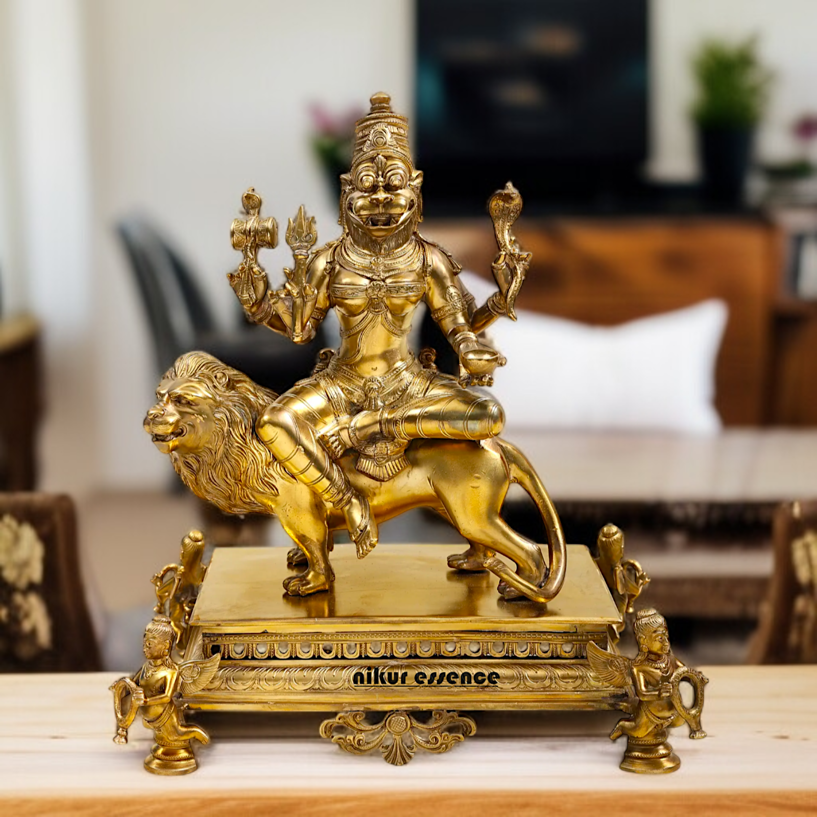 Goddess Pratyangira Devi seated on lion Panchaloha statue - 15 Inches Nikuressence